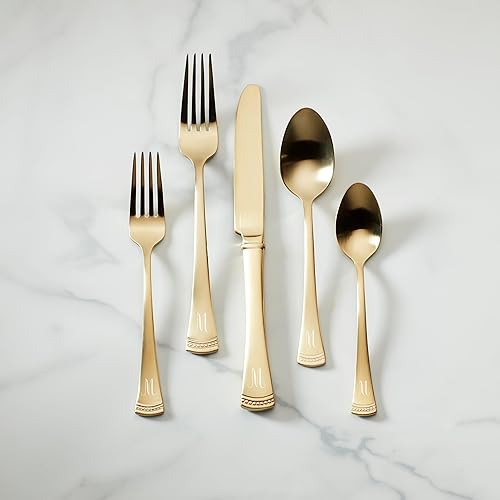 Miniatura 2 de Lenox Portola Gold - Juego de cubiertos de acero inoxidable de 20 piezas con monogramas, incluye servicio para 4 personas con iniciales