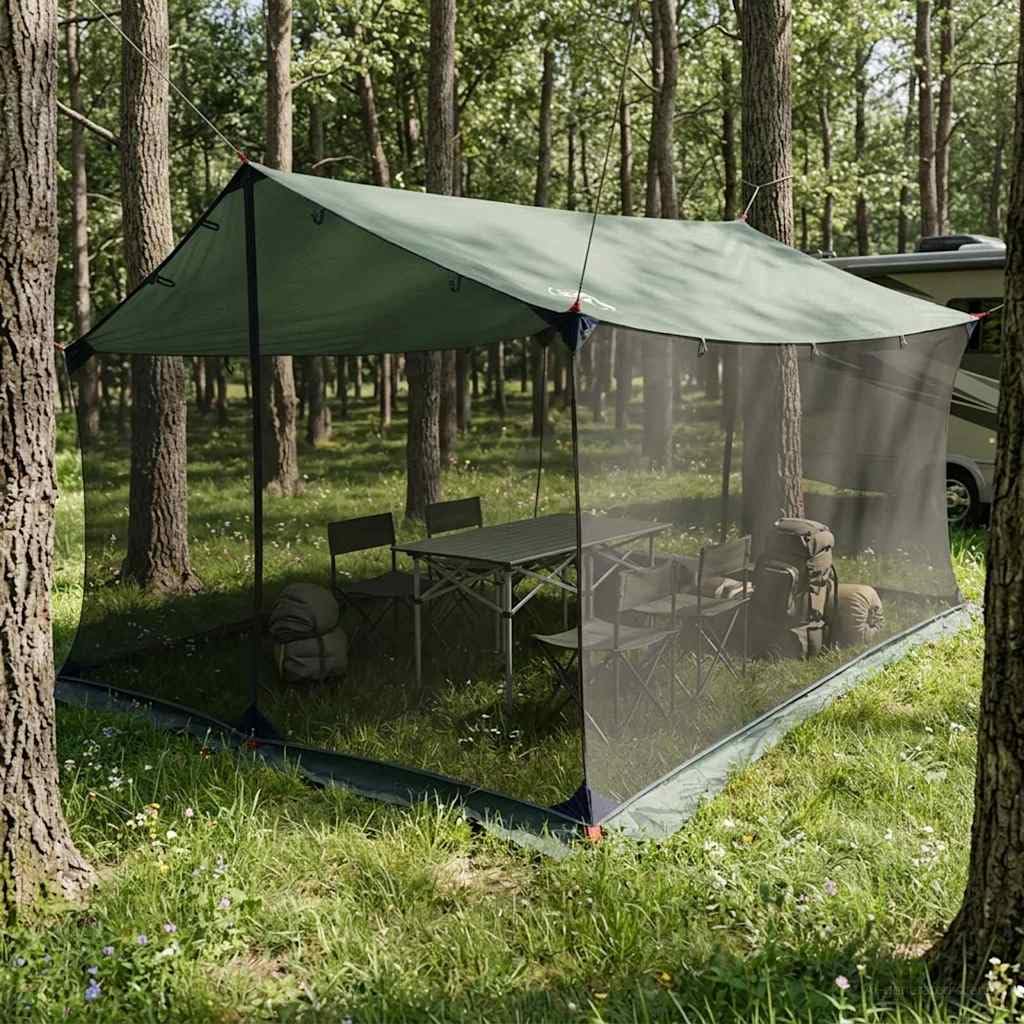 Tarp Camping mit Netzwänden, Armeegrün | Wasserfestes Dach, Tür mit Reißverschluss, höhenverstellbar, Seil und Heringe im Lieferumfang enthalten