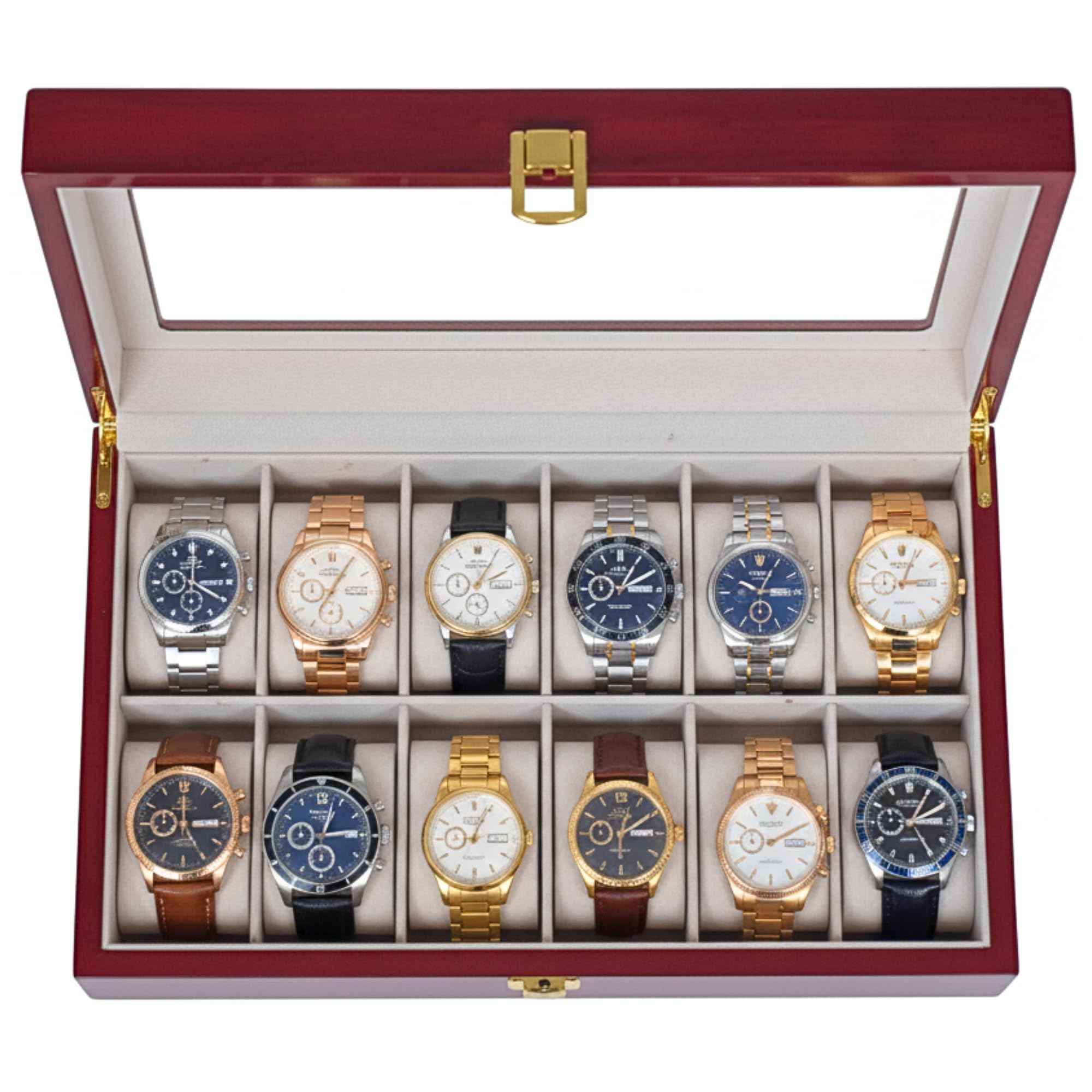 Boîtier de montre en palissandre de qualité supérieure avec finition brillante – Boîte à montres à 12 emplacements avec couvercle en verre – Organiseur de luxe pour montres pour homme et