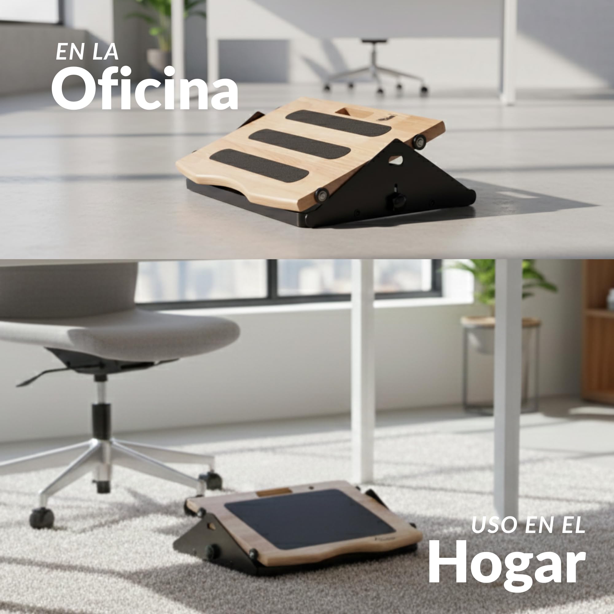 Reposapiés ergonómico de altura ajustable para oficinas bajas, movimiento suave con ruedas, suela base de madera y acero, diseño minimalista y elegante, ideal para el hogar y la oficina