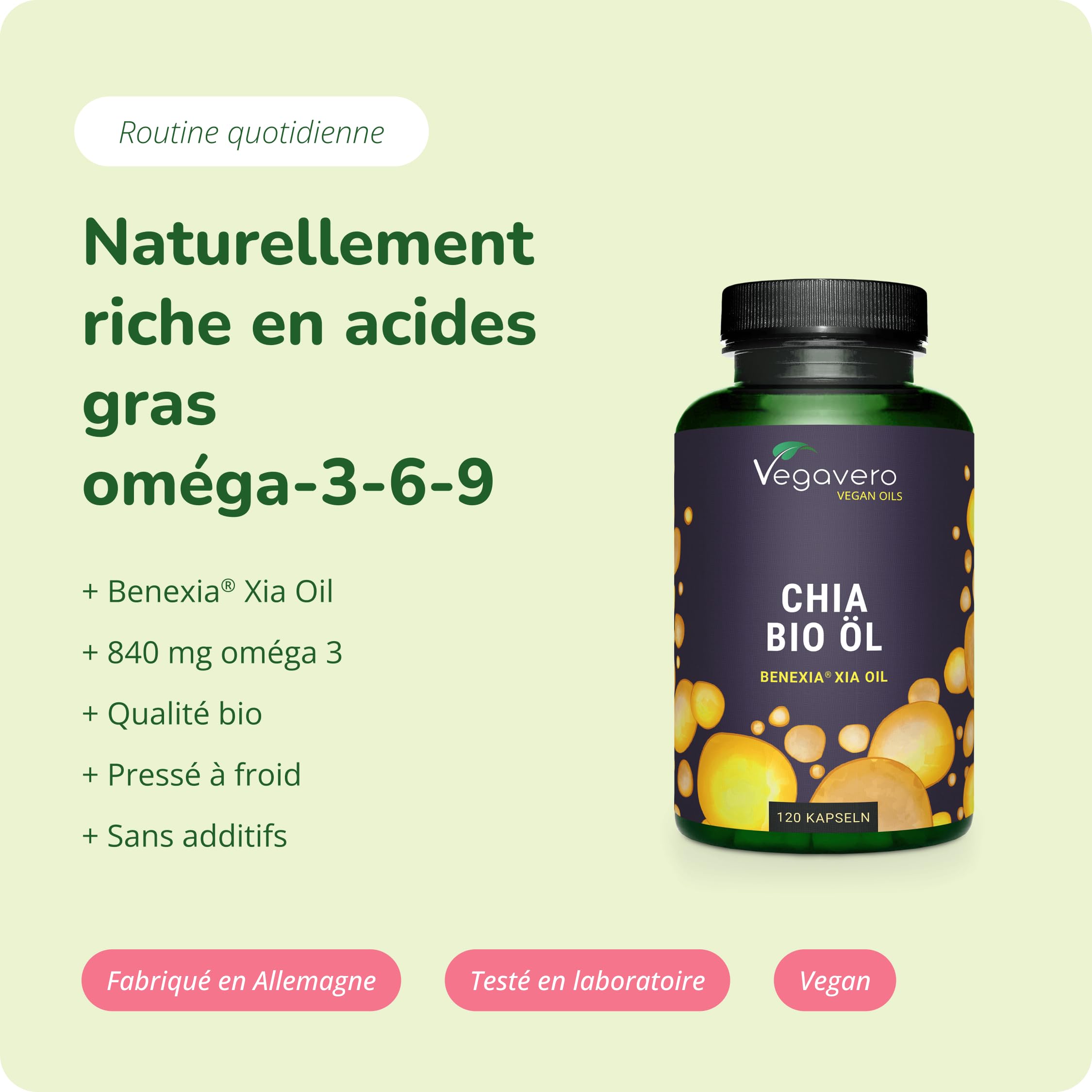 OMEGA 3 6 9 BIO | VEGAN | Cholesterol et Santé Cardiovasculaire | 1400 mg d'Huile de Chia | Acides Gras Insaturés Hautement Dosés | SANS ADDITIFS | 120 Gélules | Vegavero®