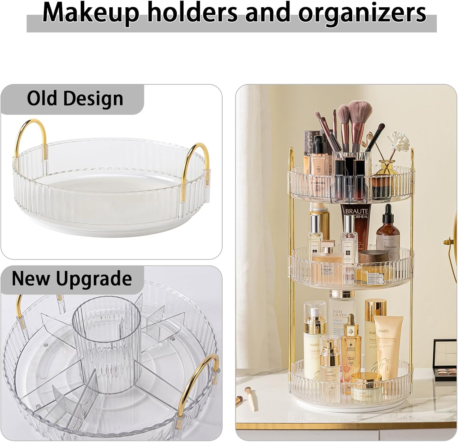 Rotating Makeup Organizer for Vanity, High-Capacity Skincare Clear Make Up Storage Perfume Organizers Cosmetic Dresser Organizer Countertop 360 Spinning (Clear, New-3 Tier)