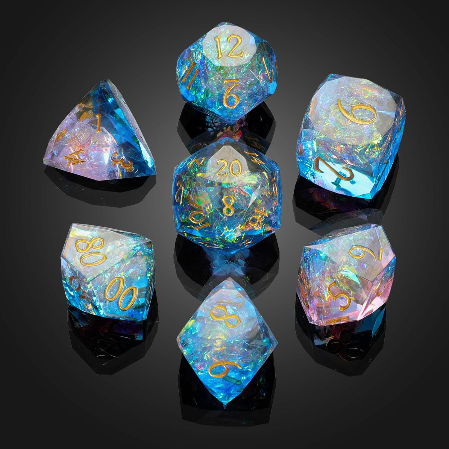 MoKo Resin DND Dice Set, 7PCS Sharp Edge Polyhedral D&D Dice with Gift Box Storage Bag for Dungeons and Dragons RPG Tabletop Games, Gold Numbers DND Gifts D20 D12 D10 D8 D6 D4 D%, Pink+Blue