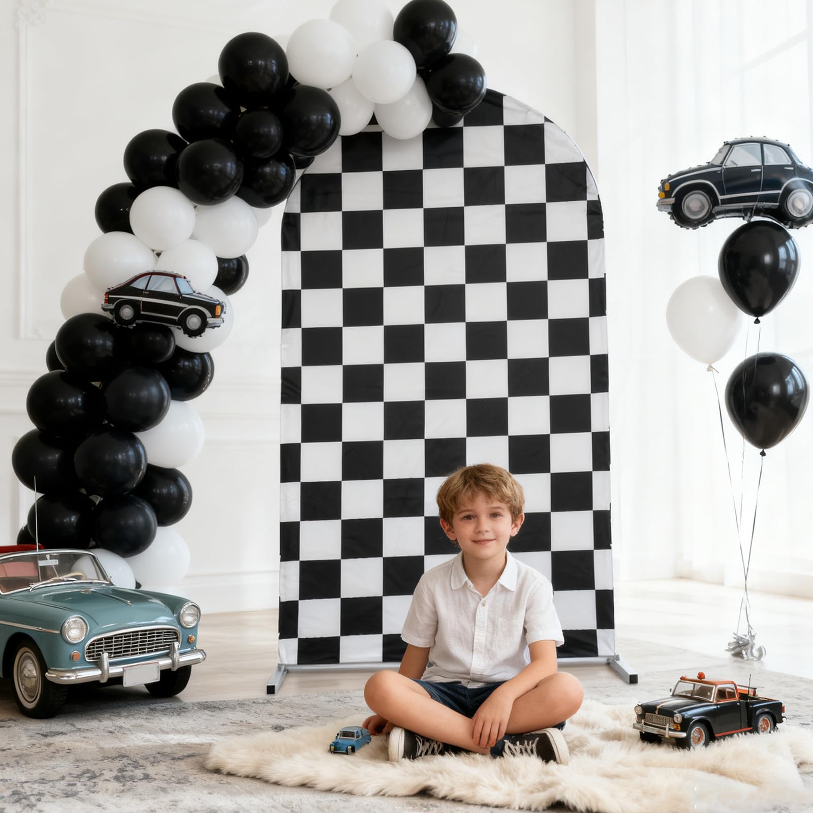 Copertura per Sfondo Ad Arco Camion, 182 cm Copertura Arco Feste Di Corse Decorazioni Compleanno a Scacchi Bianchi e Neri per Bambini