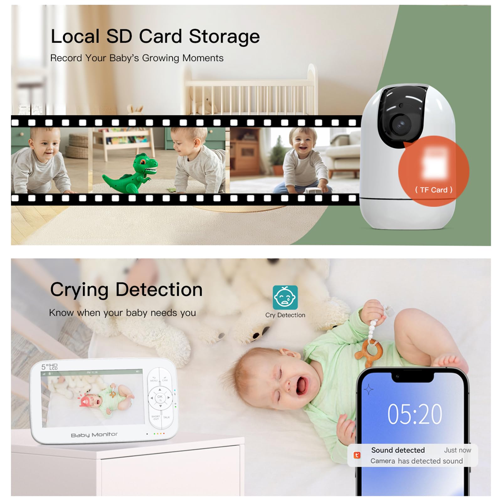 Baby Monitor con Fotocamera e Audio, Display 5", WiFi, Visione Notturna, Zoom 4x, Allarme Temperatura Ricaricabile, Orologio Pappa, Audio Bidirezionale, Portata 300 M per Genitori, (Spina