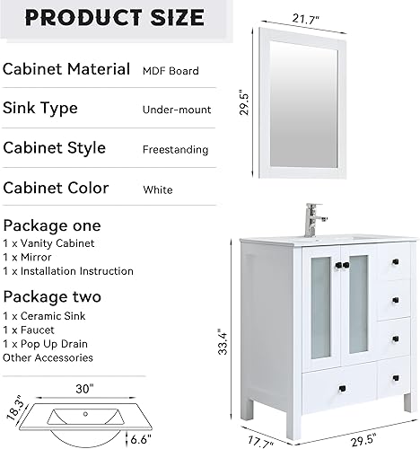 Miniatura 2 de NOVALLA Tocadores de baño de 30 pulgadas con lavabo, moderno gabinete de baño individual con fregadero de cerámica empotrado, grifo, espejo, blanco