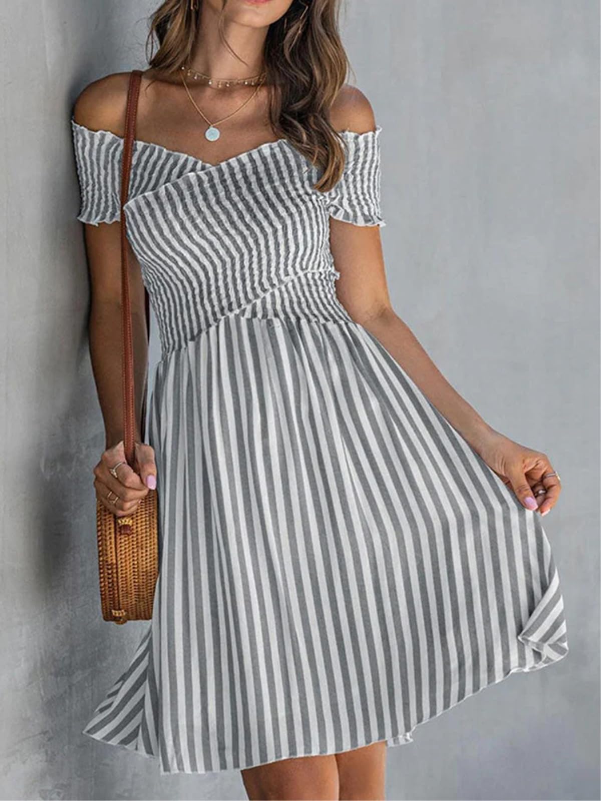 Abito Donna Nuova Estate Manica Corta Chic Mini Primavera A Righe Stampa Linea Vestito da Festa Sexy Criss-Cross Fuori Spalla Boho Abito-05 Gray-l