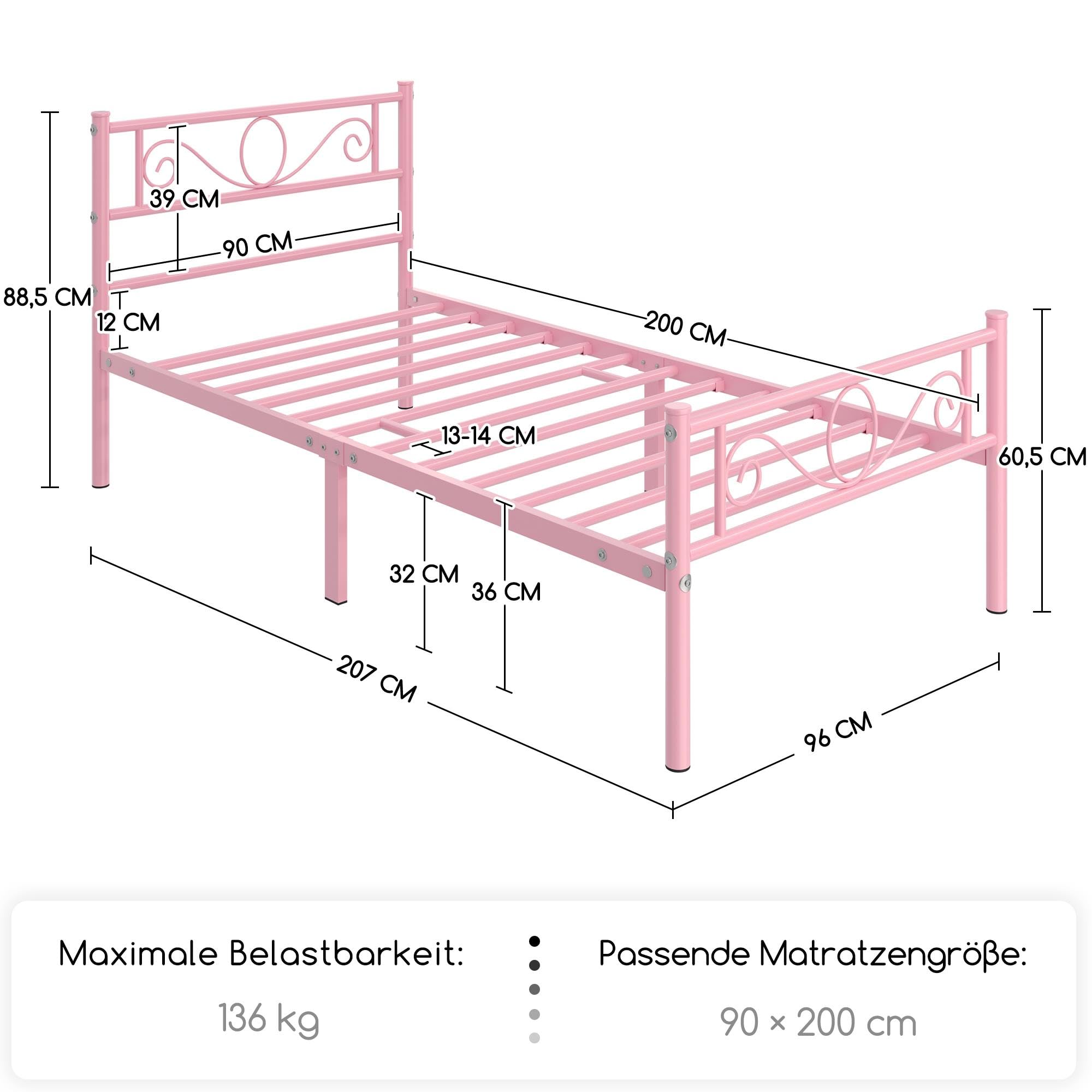 Yaheetech Bettrahmen 90 x 200 cm Metallbett mit Lattenrost Einzelbett Gästebett Jugendbett mit Kopfteil für Schlafzimmer Gästezimmer Hellrosa