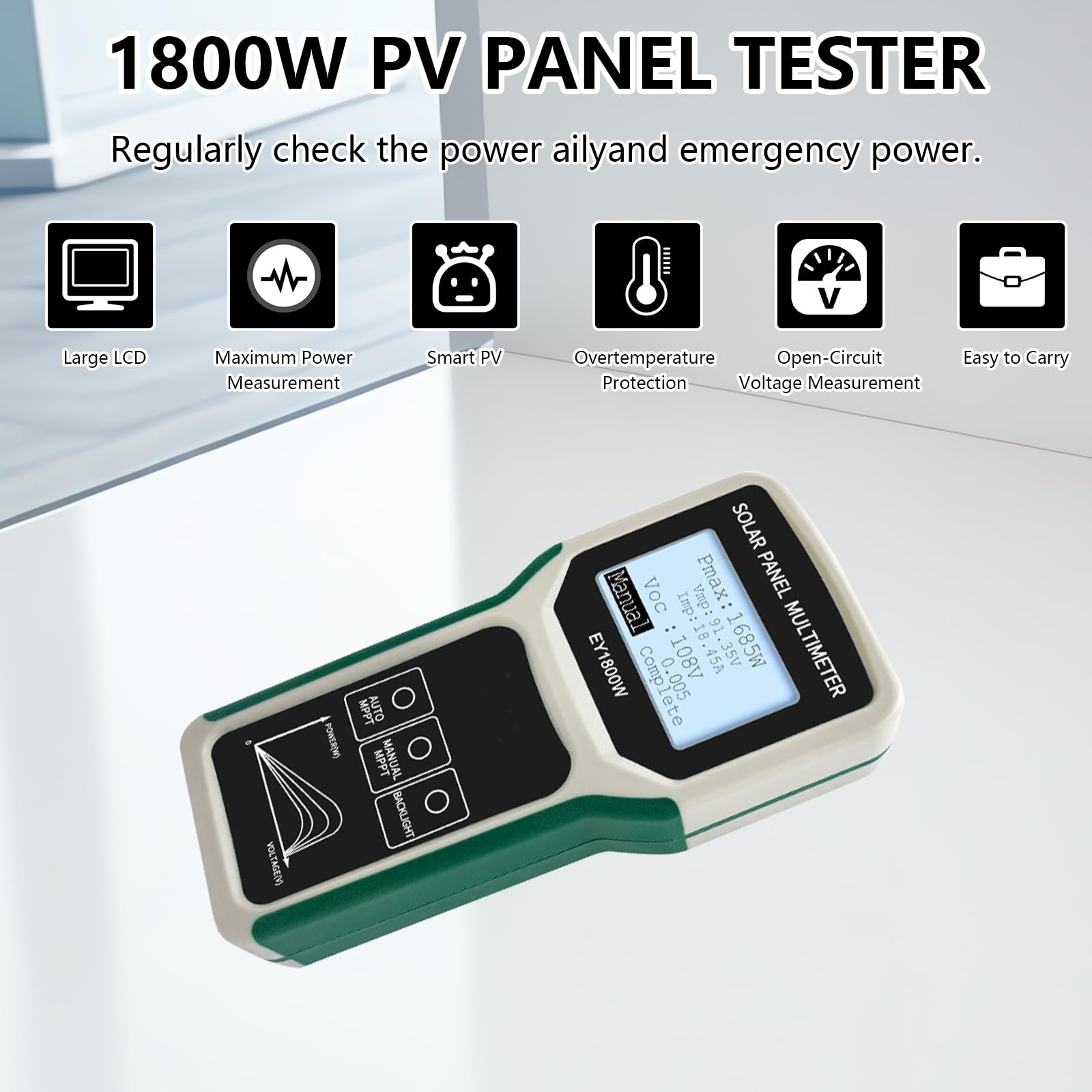 Probador De Paneles Solares, 1800W Multímetro Fotovoltaico Medidor Solar Mppt Con Pantalla Lcd Ultra Clara Gran Tamaño Detección Automática/Manual Mide Voltaje Circuito Abierto Punto Máxima Potencia