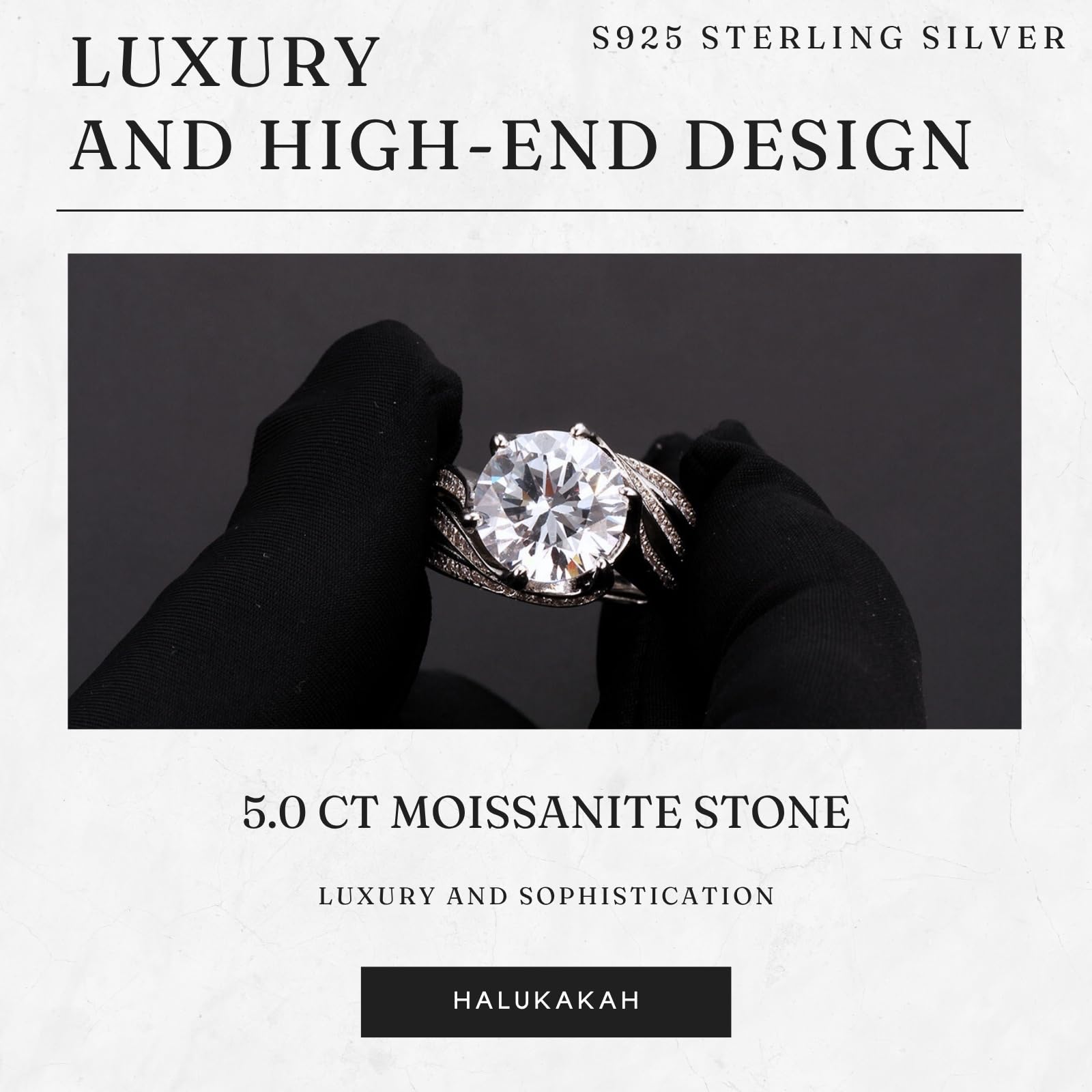 HALUKAKAH Anello da Donna Moissanite D5,0 ct Argento Sterling 925 Placcato Platino con Certificato,Diamanti da Laboratorio Rotondo Etereo a Griffe in Set Nuziale,per Fidanzamenti,Matrimoni,Regolabile