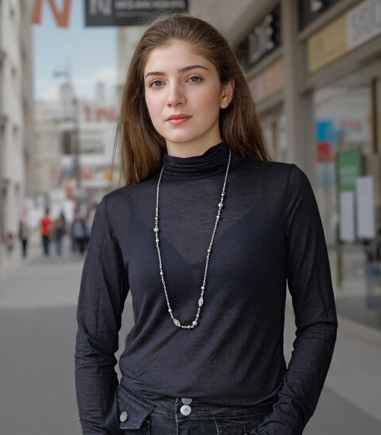 Long Beaded Silver Necklaces for Women Layered Long Statement Necklace with Stone Pearl Beads Double Sweater Chain Costume Jewelry for Women - Image 5