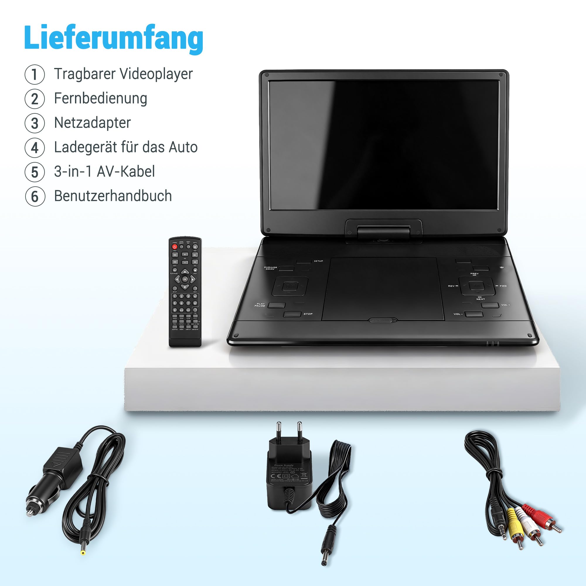 Tragbarer 17,5'' DVD Player mit 15,6'' drehbarem HD-Display – 8 Stunden Akkulaufzeit, Unterstützung für mehrere Formate, SD/USB, TV und mit Speicherfunktion, Stereo-Lautsprecher, Schwarz