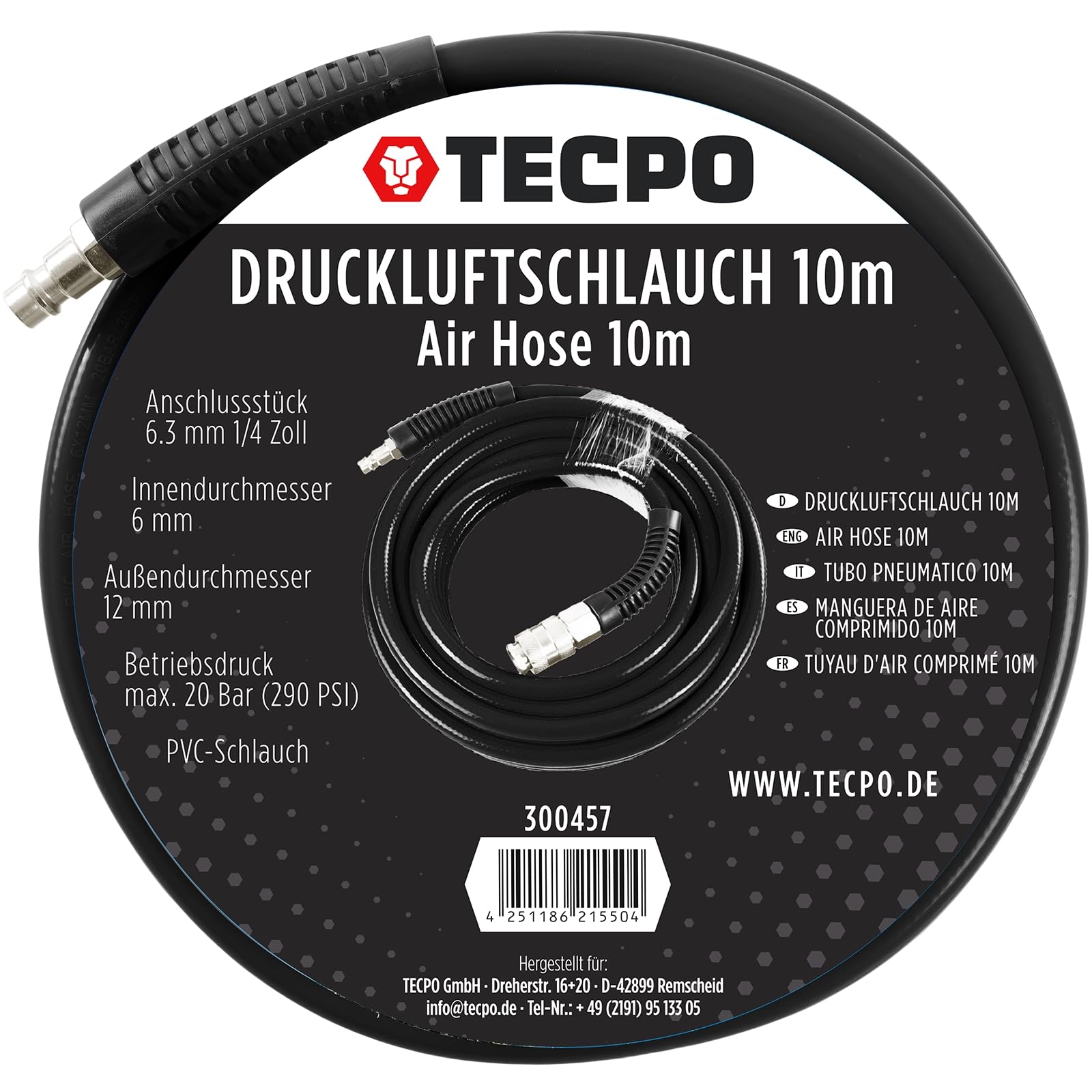 TECPO Druckluftschlauch 6/12mm, 10m lang, 20 bar, 1/4 Anschlussstück