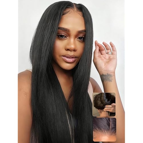 UNICE Bye Bye Slip Wig Black Yaki Straight 7x5 Lace Front Drawstring Wigs Human Hair Flexible Mesh Cap with Secure Silicone Strips Bye Bye Knots Glueless Wig Pre Plucked Pre Cut 16 inch