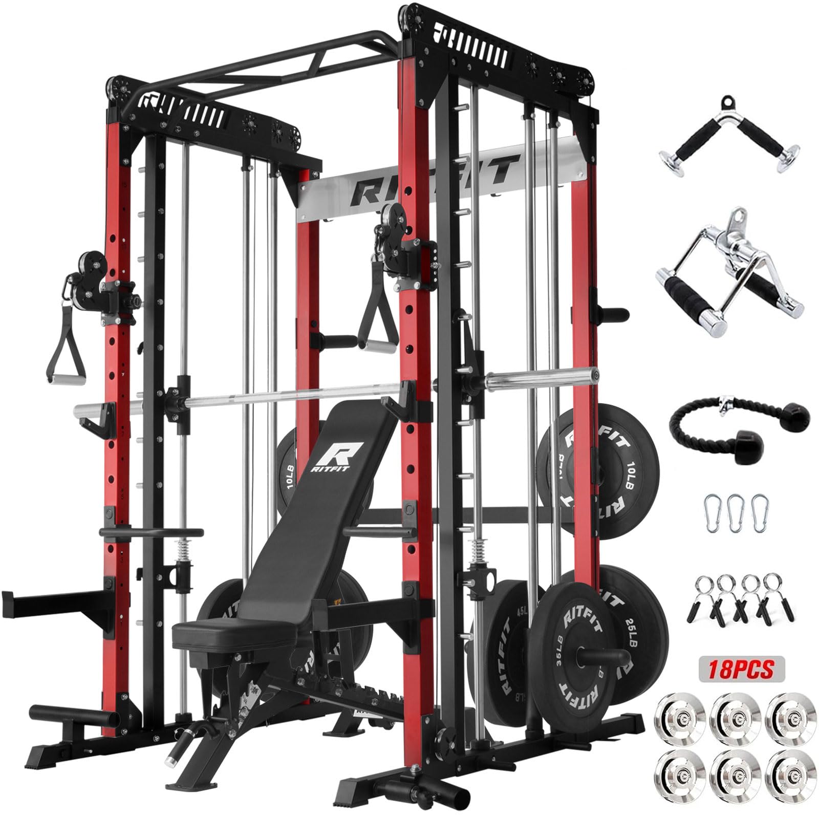 RitFit M1 & M1 Pro Smith Machine with Cable Crossover System, Multi-Function Squat Rack Power Cage for Home Gym, Power Rack and Packages