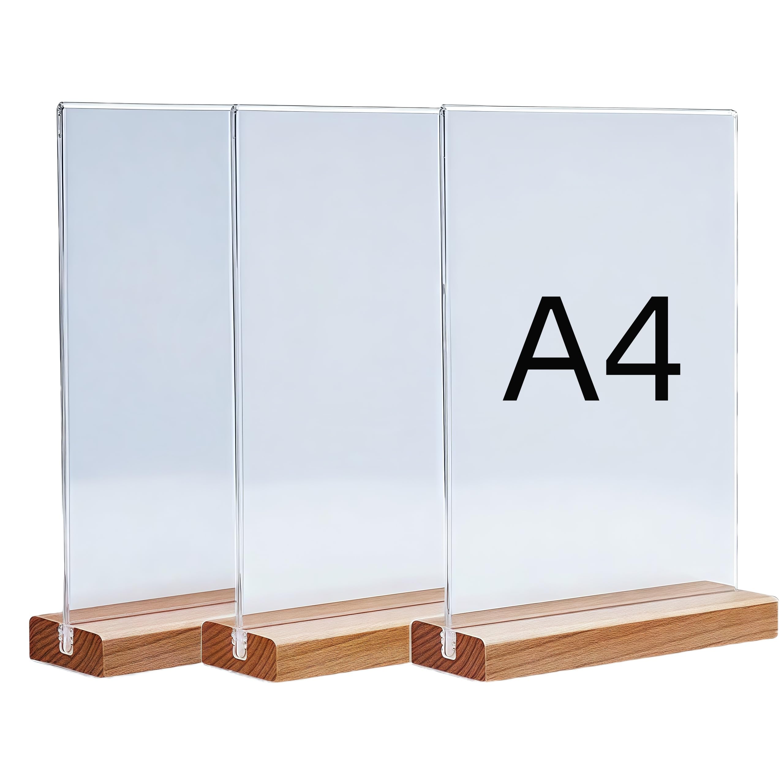 Segnalini dei prezzi, 3 pezzi, formato A4, con base in legno, supporto in acrilico, formato A4, espositore pubblicitario in acrilico, con base in legno, per matrimonio, ristorante, ufficio