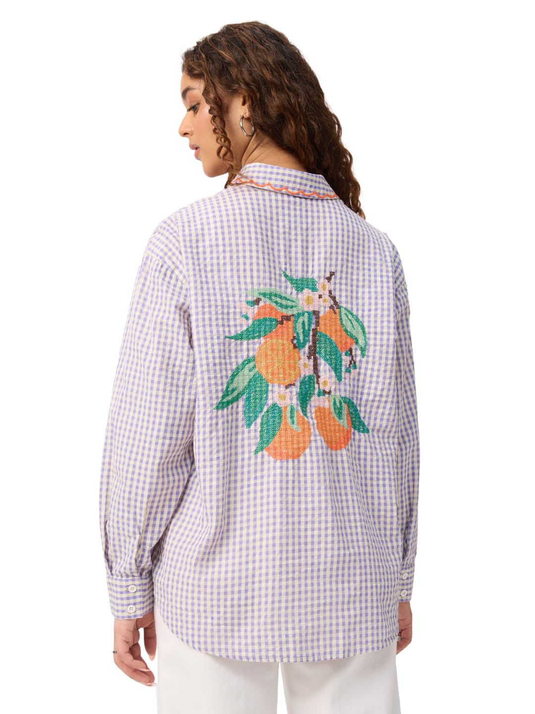 the souled store Citrus Bloom Women and Girls Full Sleeves Button Down Collar Light Blue Gingham Floral Embroidered Cotton Oversized Fit Lightweight Winter Shirt for Casual Wear-picture-24