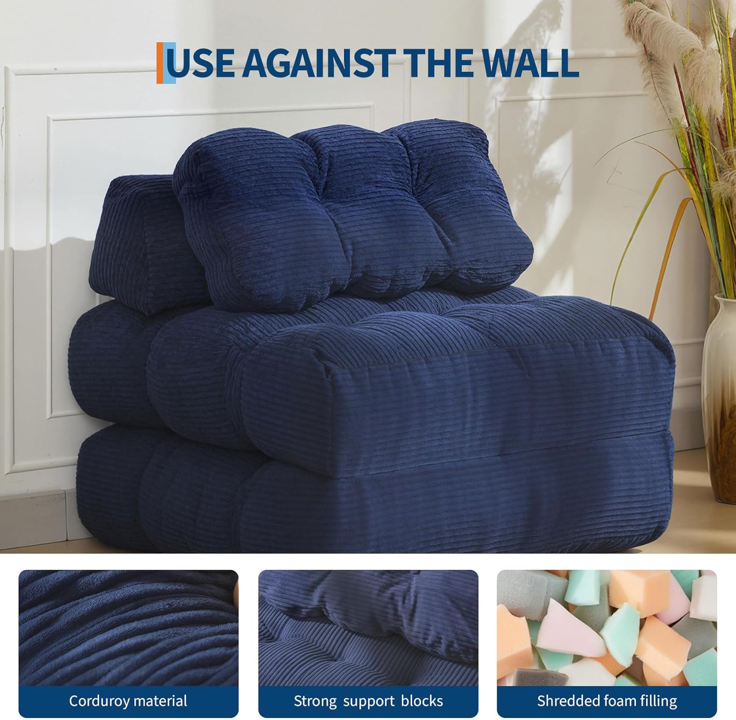 Folding Sofa Bed, Convertible Sleeper Chair with Pillow Foldable Matress with Back Support, Portable Fold Out Chair Bed Comfy Floor Sofa Lounge for Living Room Bedroom, Navy Blue, Single