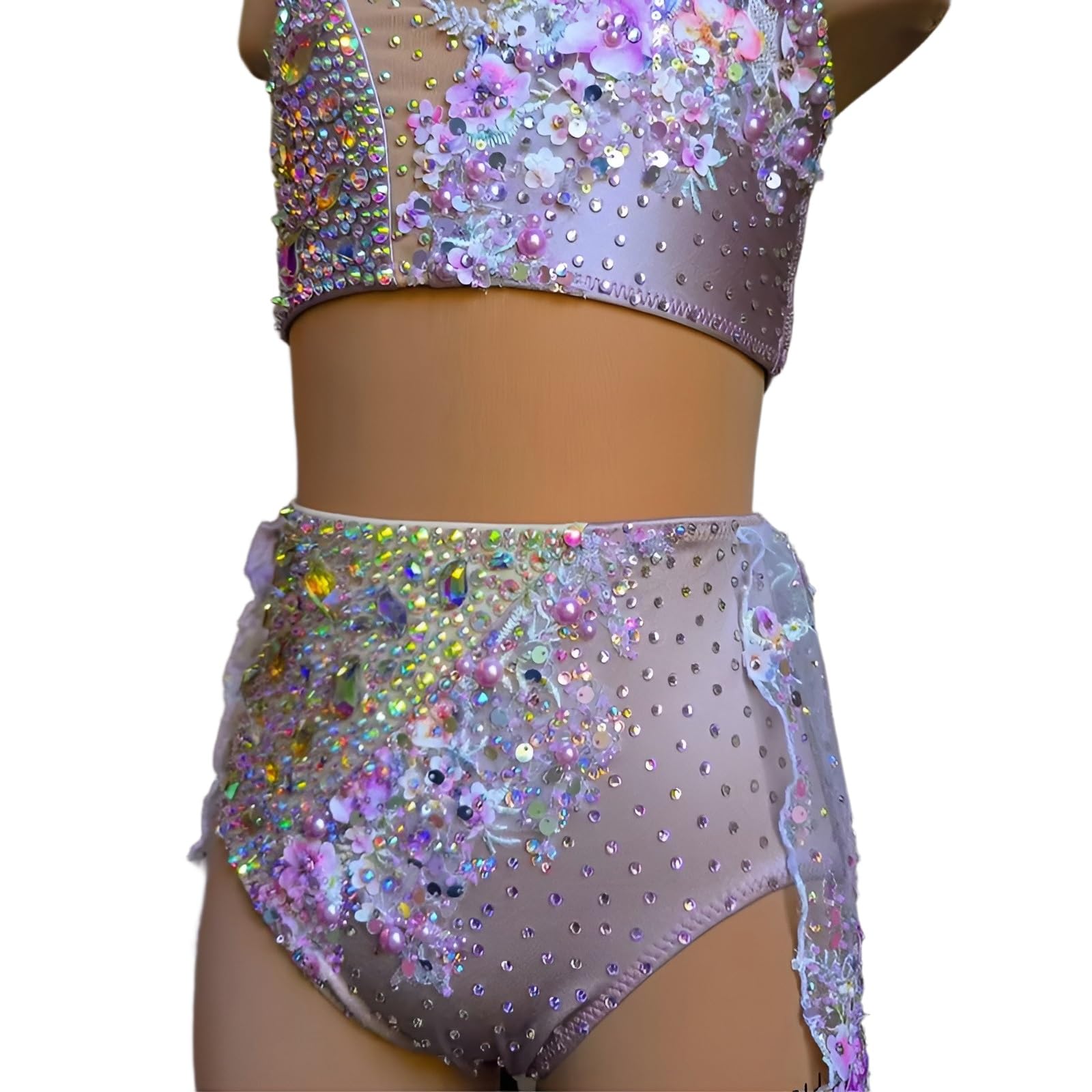Traje Lírico De 2 Piezas For Niñas, Falda De Tul Adornada Con Lentejuelas Y Diamantes De Imitación Florales Con Espalda Descubierta Y Cuello Halter For Competición