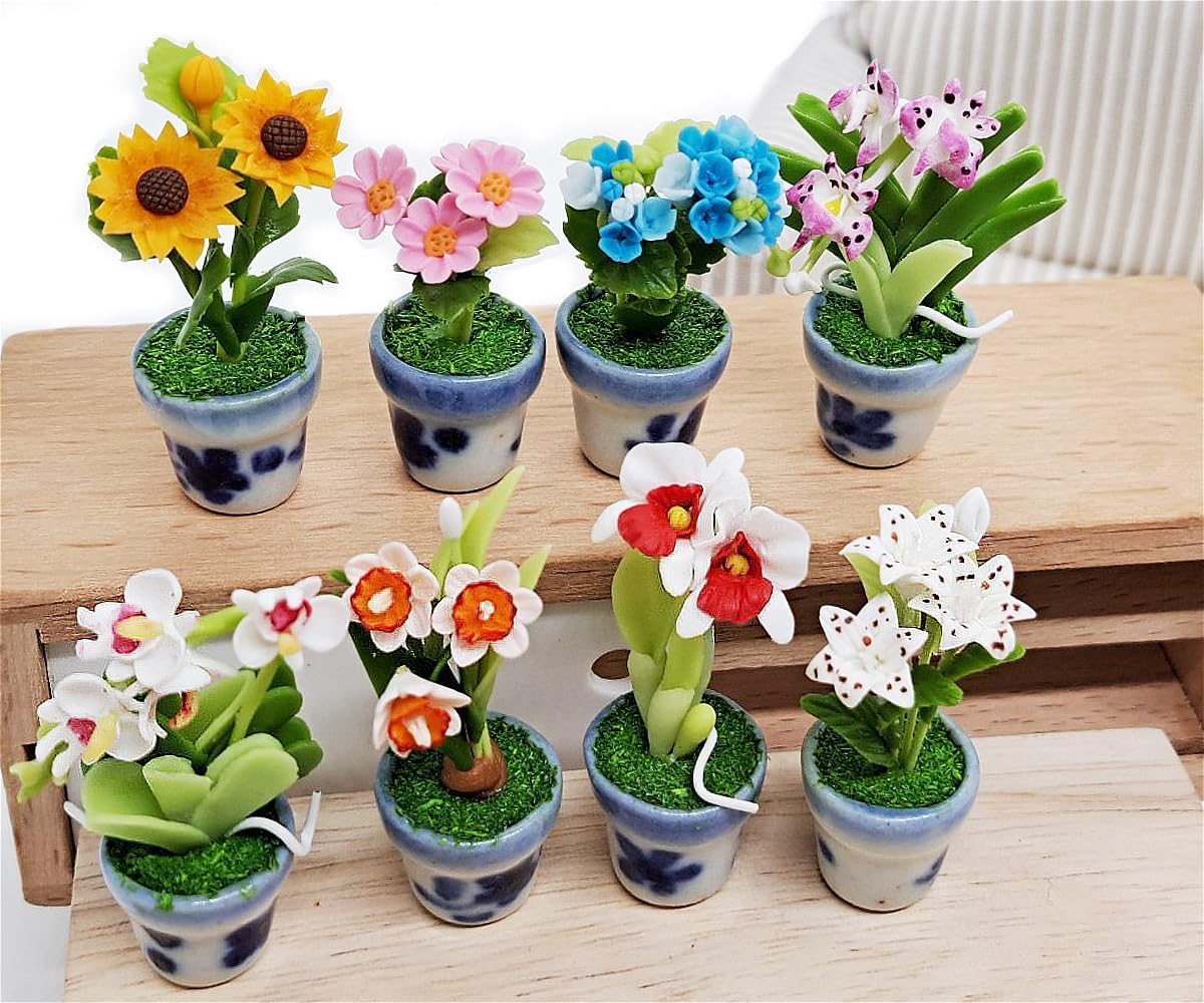WitnyStore Tiny 2" High 8 Pieces Set Mix Hand Made Artificial Flowers Realistic Colorful Miniature Modelling Clay Flower Pots Brilliant Variety of Imitation House Plant Species Home Decoration