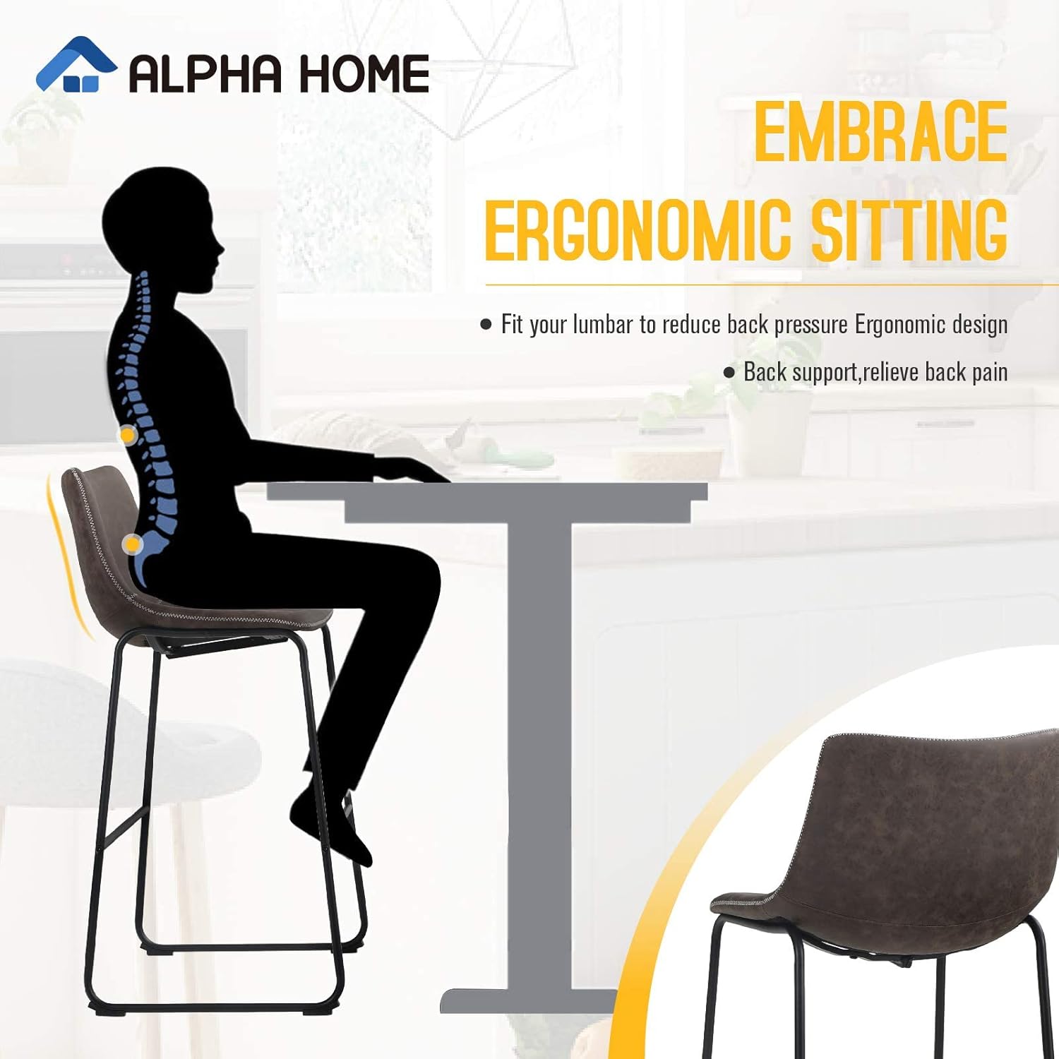 ALPHA HOME 30 Inches Bar Stools Set of 4 Bar Chair Vintage Leathaire Bar Height Stools Pub Kitchen Stools Chairs, Dining Room Furniture 350 lbs Capacity, Brown