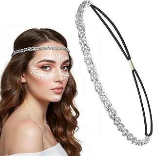 Silver Rhinestone Hairbands, Elastic Adjustable Crystal Headpiece 70s Vibe Sparkly Head Chain Diamond Hair Bands Accessories for Singing, Dancing, Weddings, Party