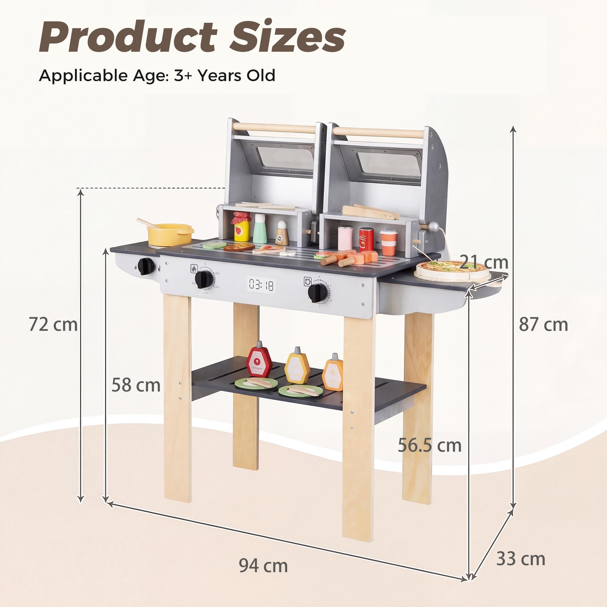 HOMASIS Cusine Enfants, Jouet BBQ Grill Barbecue en Bois avec 2 Grilles et Couvercles à Loquet, Fenêtres Transparentes, Boutons Rotatifs, Accessoires&Rangement, Jouet d’Imitation pour Enfants 3 Ans+