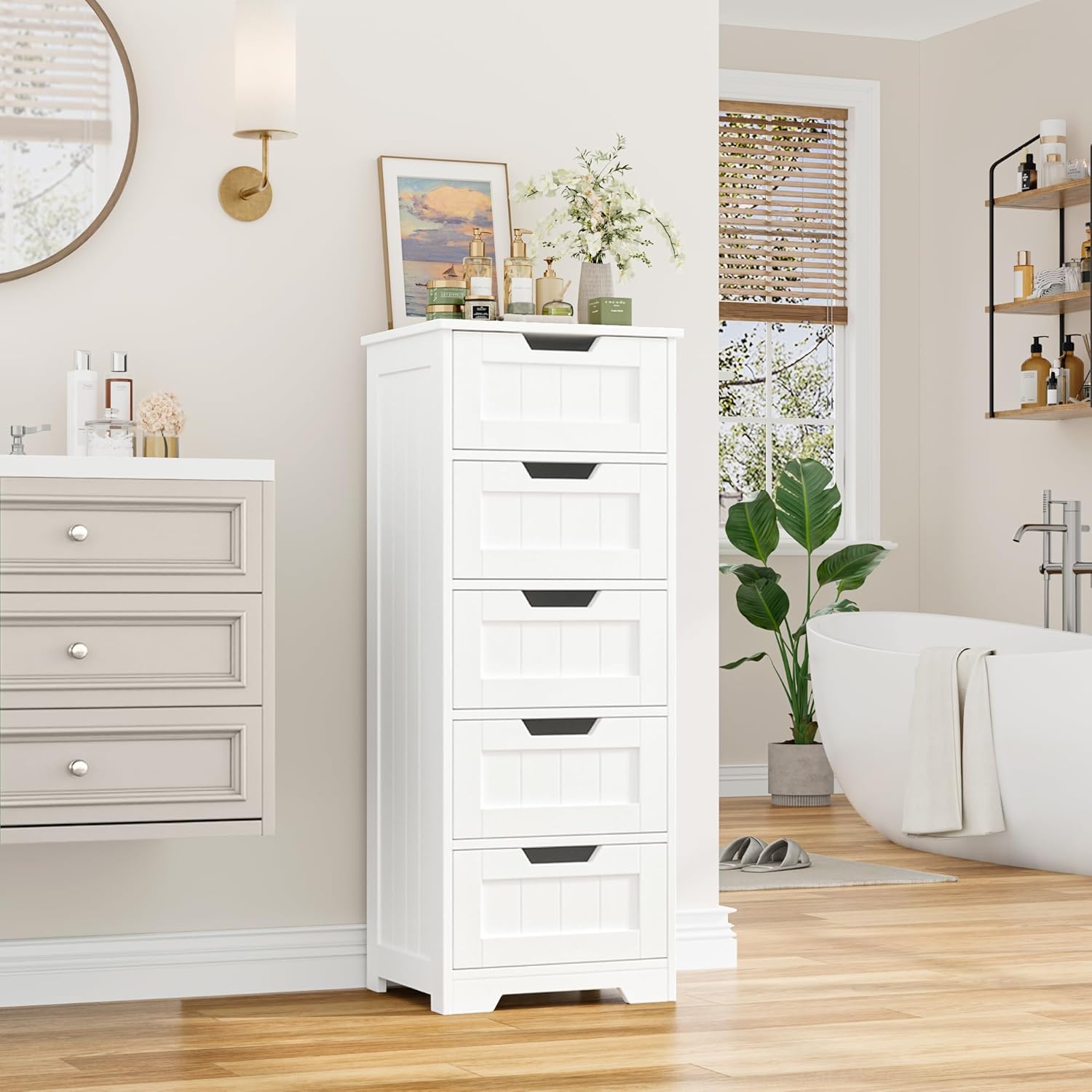FOTOSOK Bathroom Cabinet, Bathroom Storage Cabinet with 5 Drawers, Wooden Storage Cabinets with Cut-Out Handles, 11.8” x 15.7” x 40.1” Bathrooms Floor Cabinets for Hallway/Living Room, White