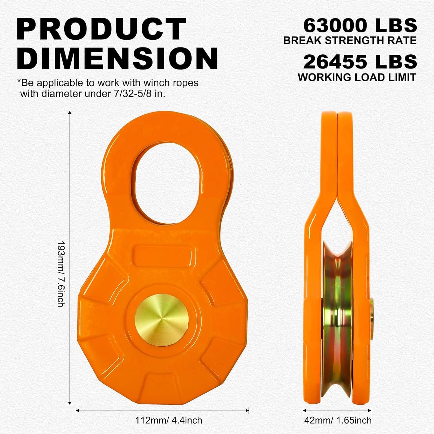 ATV/UTV Winch Snatch Block - Heavy Duty 24000LBS (12T) Recovery Pulley, Powder Coated Carbon Steel, Compatible with Synthetic Rope & Steel Cable, for Off-Road, Truck, Side by Side, Orange