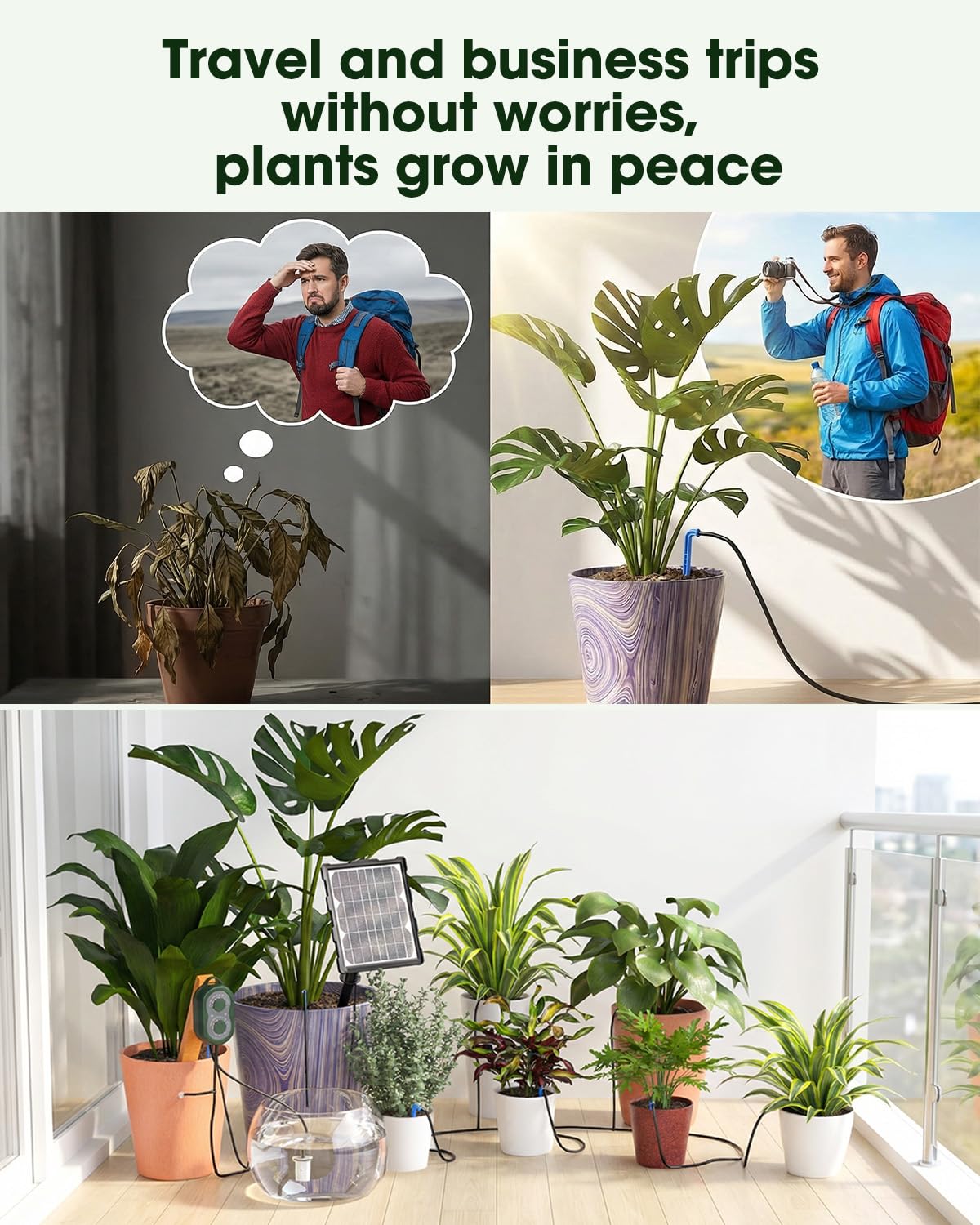 MYMULIKE Sistema di irrigazione solare con doppia carica solare e USB, sistema di irrigazione a goccia automatico da 15 m, con 12 modalità e timer, irrigazione per piante in vaso, giardino, balcone