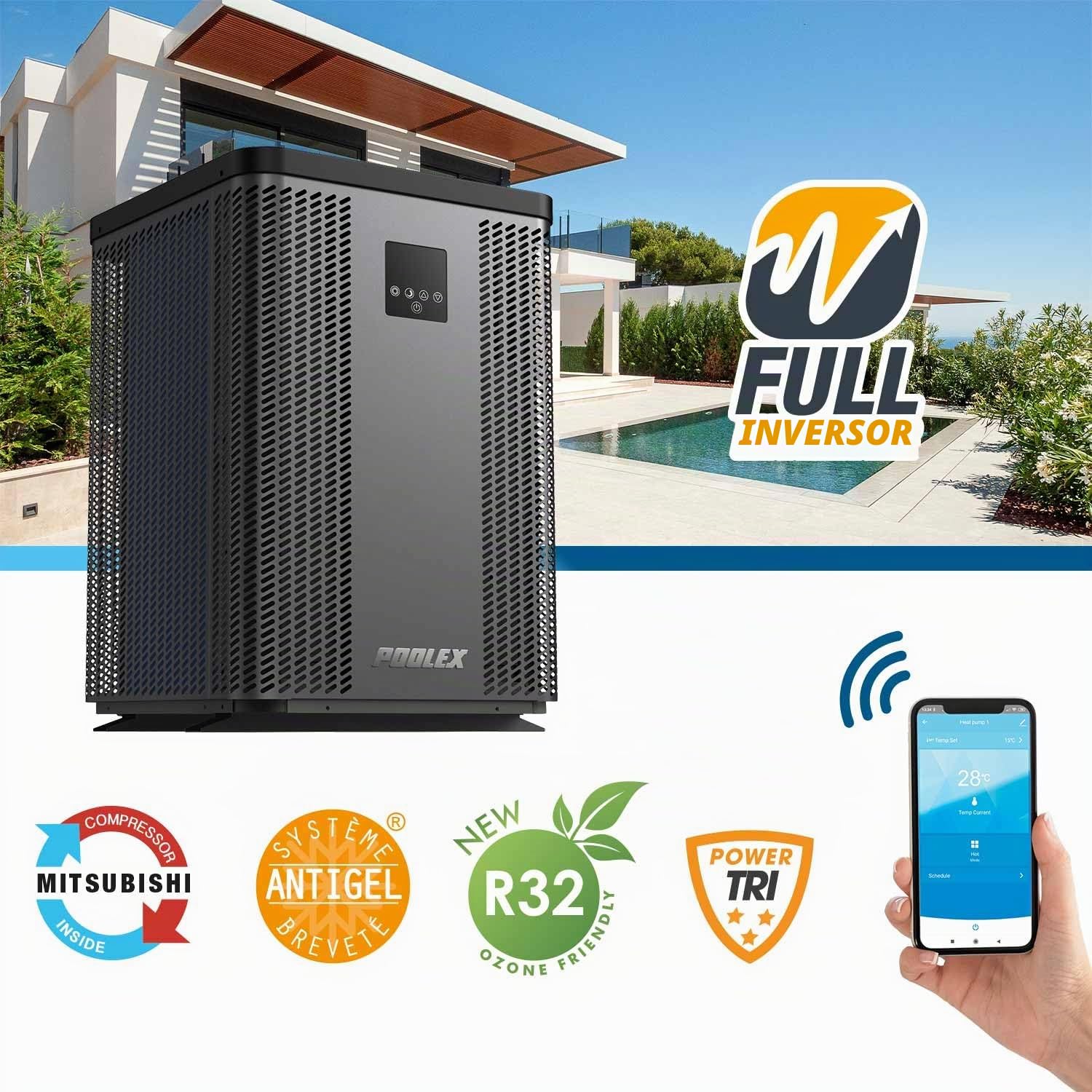 POOLEX PC-TOP060 Silverline Top – Bomba de calor vertical monofásica para piscina 20-40 m3 – Full Inverter – Calefacción y refrigeración – Diseño premium y duradero – Compatible con tratamiento de sal