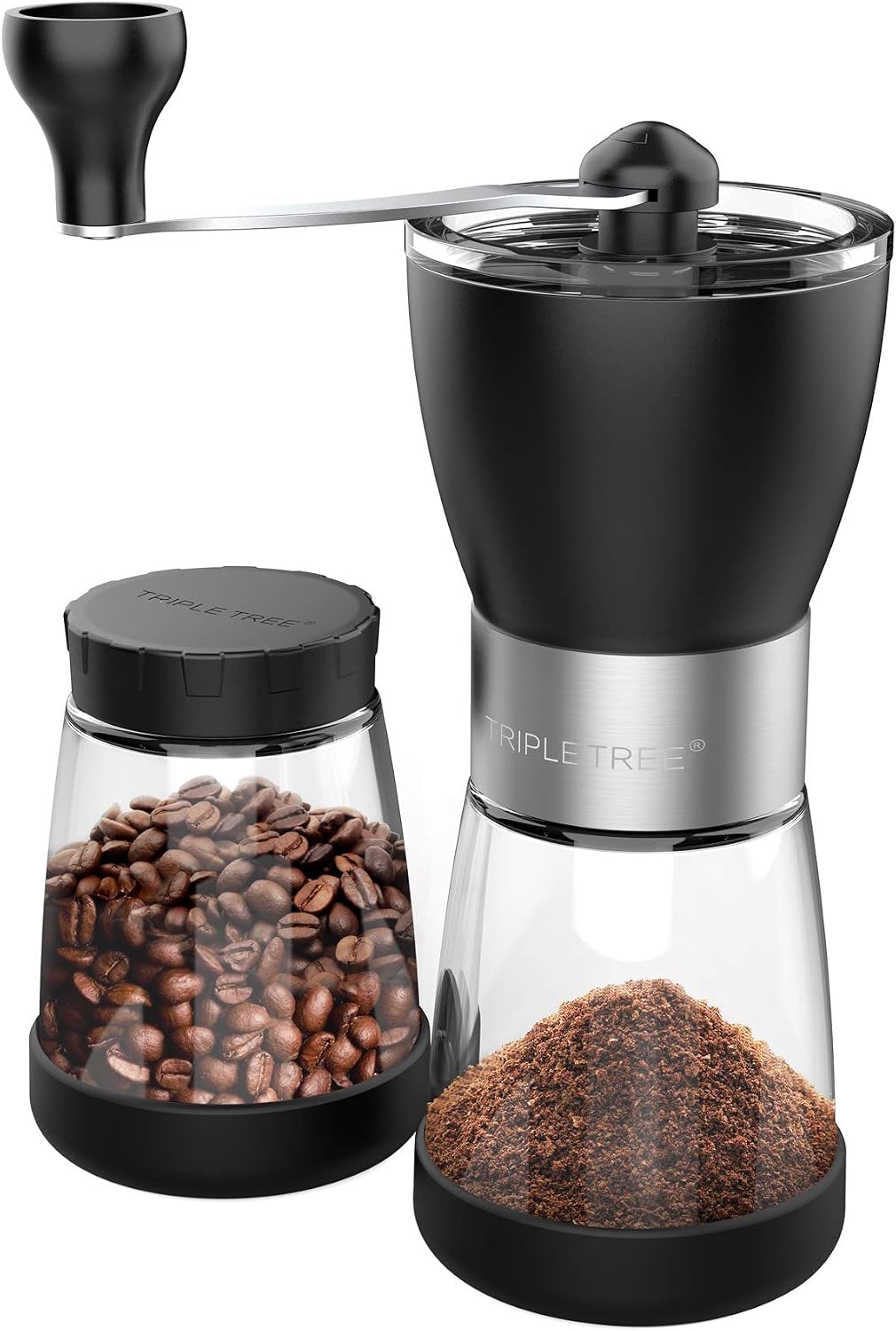 Manual Coffee Mill Grinder with Ceramic Burrs, Two Clear Glass Jars 5.5 oz each, Stainless Steel Handle,Suitable for Camping and Home Use [Newly Upgraded]
