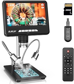 Elikliv EDM401 Max 2K Digital Microscope, 7" LCD Digital Microscope 1200x, 24MP Soldering Coin Microscopes, IPS Screen, 10" Stand, 10 LED Lights, Wireless Remote, PC/TV Compatible, 32GB