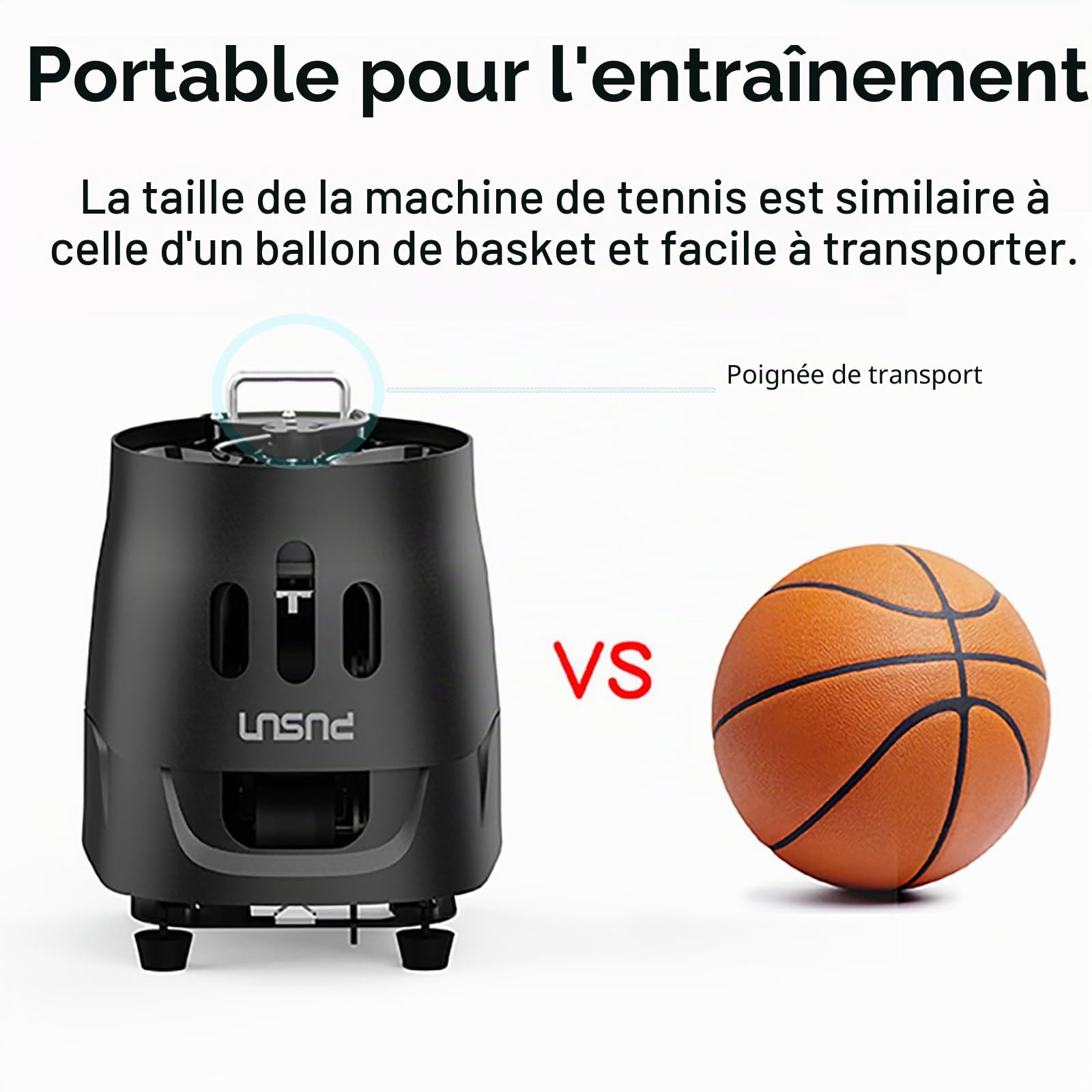PUSUN PT-Mini Pro Machine à balles de tennis avec télécommande intelligente par application, vitesse/rotation/fréquence réglable pour débutants, capacité 65 + balles, autonomie de la batterie 3 à 5