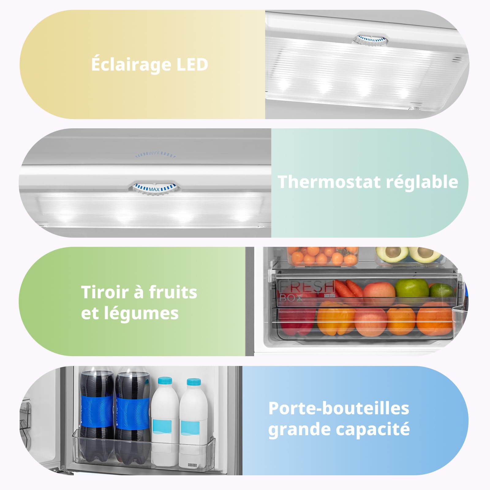 Comfee' RCB268LS2EU(E) Réfrigérateur Combiné, 262L(197+65), Grande Capacité, Low Frost, Hauteur 177,3 cm, Faible Bruit 39 dB, Éclairage LED, Température Réglable, Acier Inoxydable