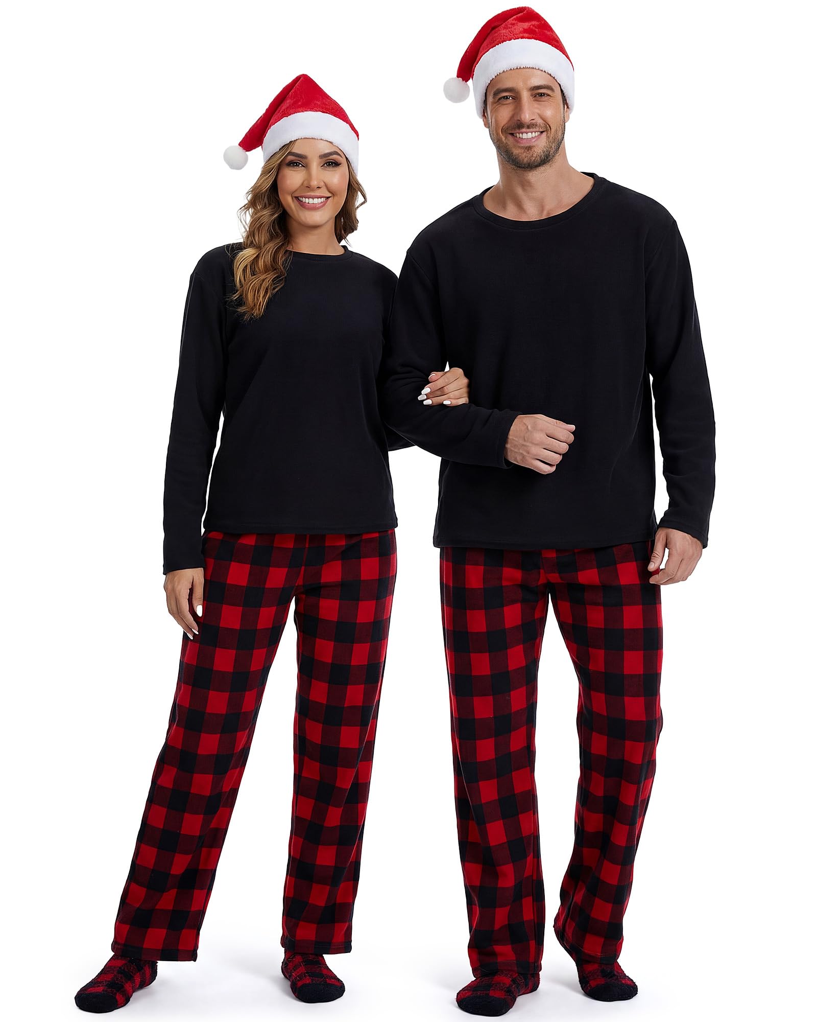 silicherry Christmas Couple Matching Pajamas Set Buffalo Plaid Pajama Set with Santa Hat and Socks for Men and Women (Men,Medium), Men, Medium-picture-14