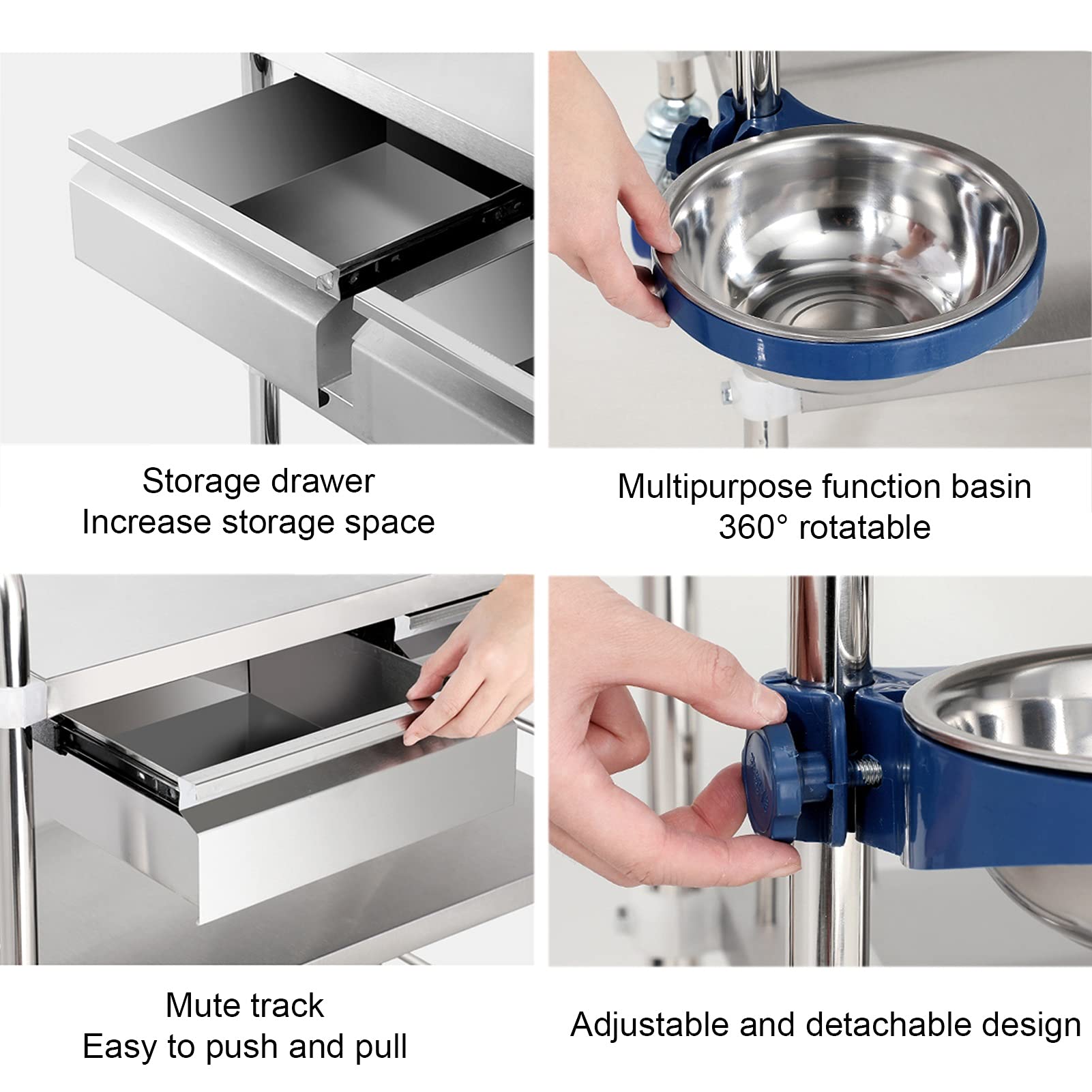 Carrello di servizio in acciaio inox, carrello di servizio con ruote, 2 ripiani staccabili con cassetto, carrello di servizio, carrello di stoccaggio, con ruote blocc,B-60*40*86Cm(23.6*15.7*33.8In)