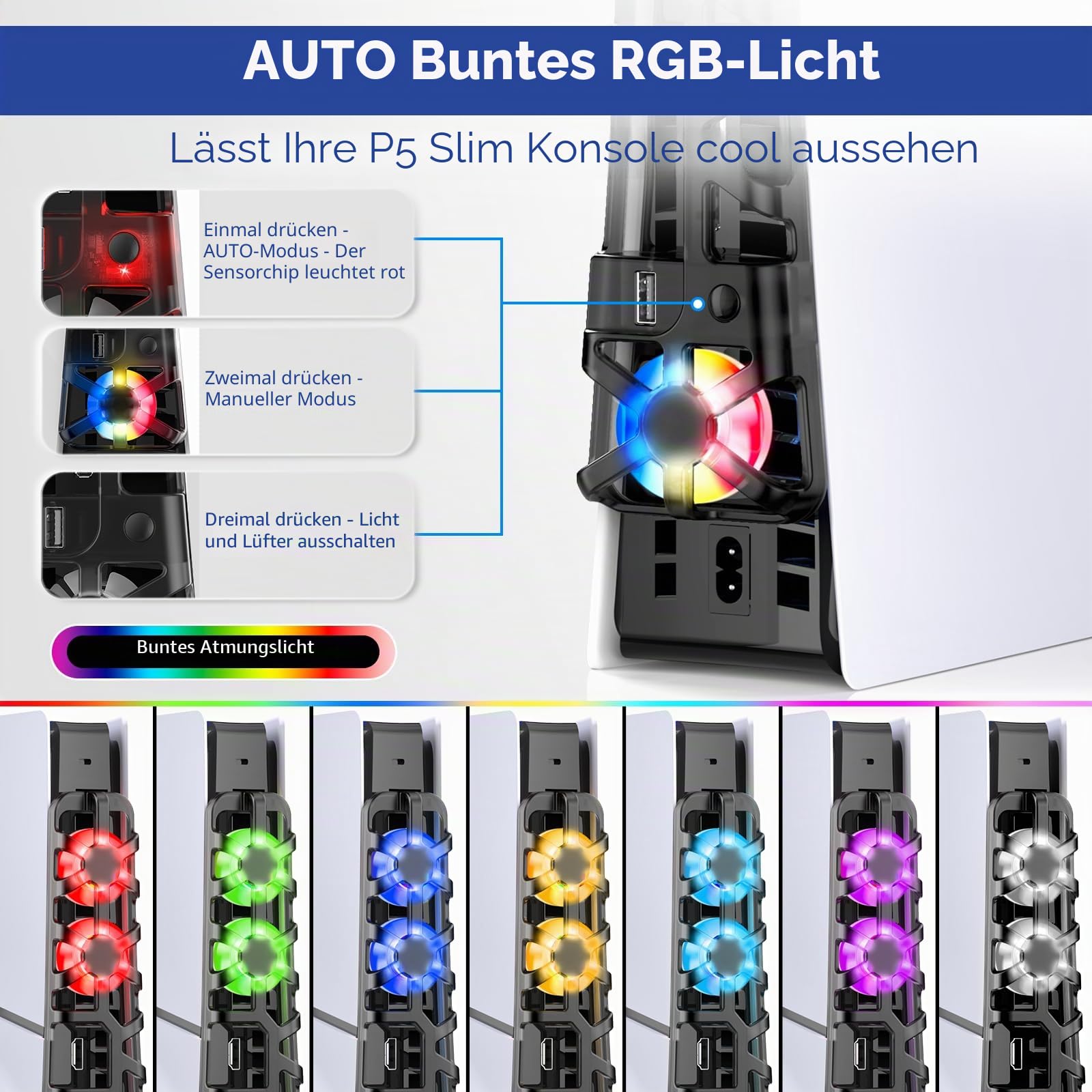 FASTSNAIL LED Lüfter für PS5 Slim Konsole, Leiser Kühler mit Speicherfunktion, Zubehör mit 3 Lüftern & USB 3.0 Port kompatibel mit Playstation5 Slim Digital & Discs Edition（Farbe LED）