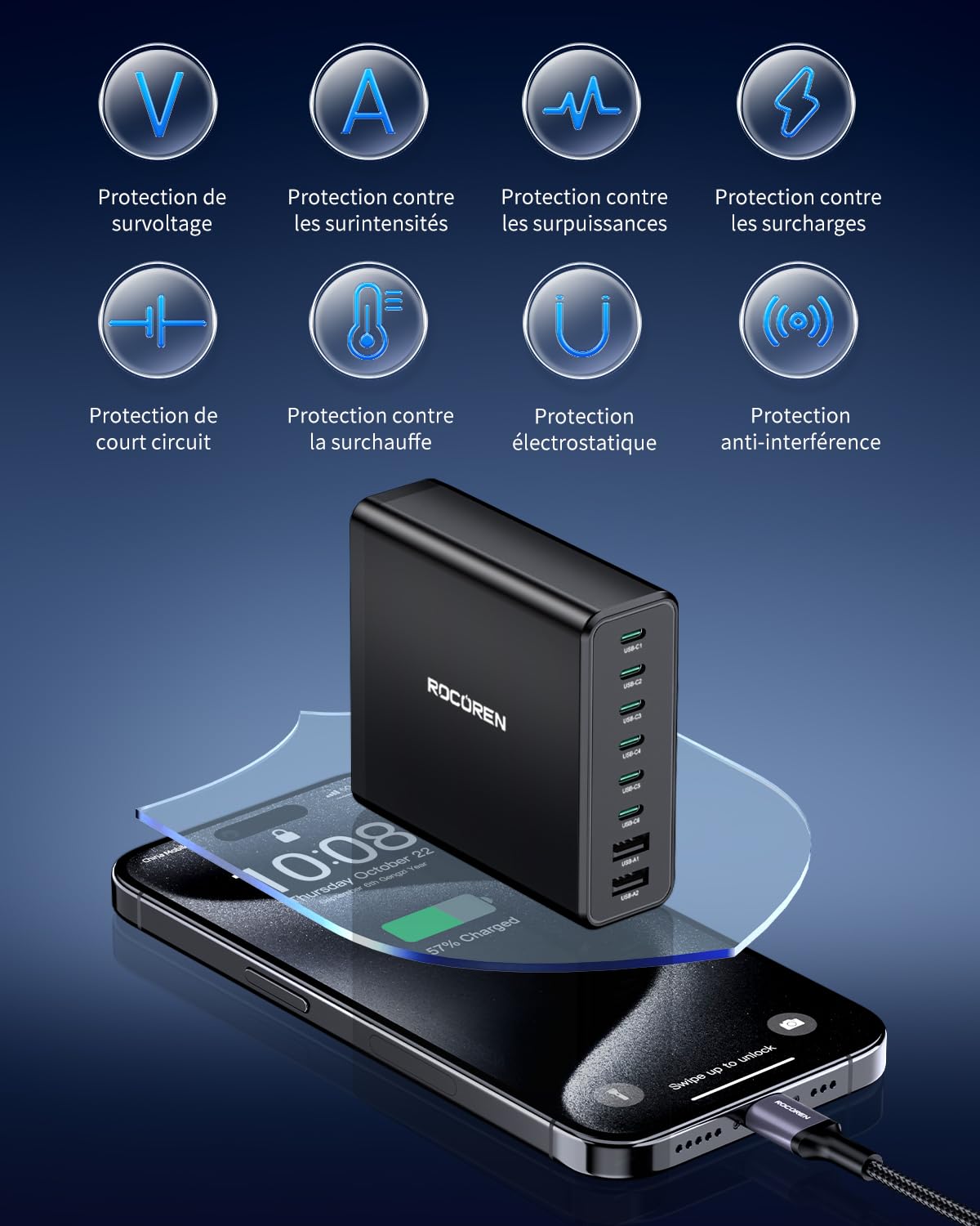 Rocoren Station de Charge 340W, Chargeur USB c Rapide avec 8 Ports GaN PD100W avec câble AC de 1,5 m pour MacBook Pro, iPhone 16/15, iPad,Galaxy A05s/A55,SteamDeck,Acer,Lenovo