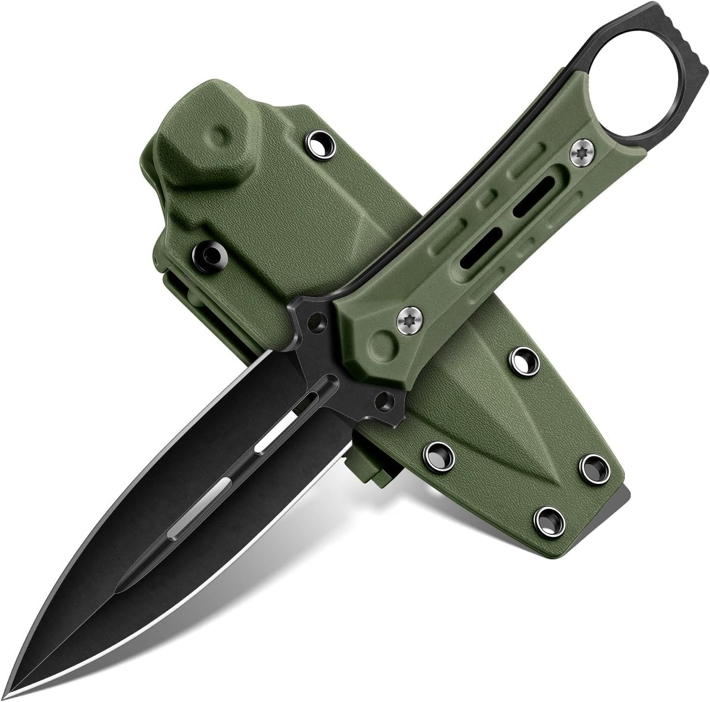 Freelander Fixed Blade Knife with Sheath - D2 Steel Camping Knife with Anti-Slip Grip, Full Tang Survival Knives for Bushcraft & Outdoor Adventures, Gift for Men Green