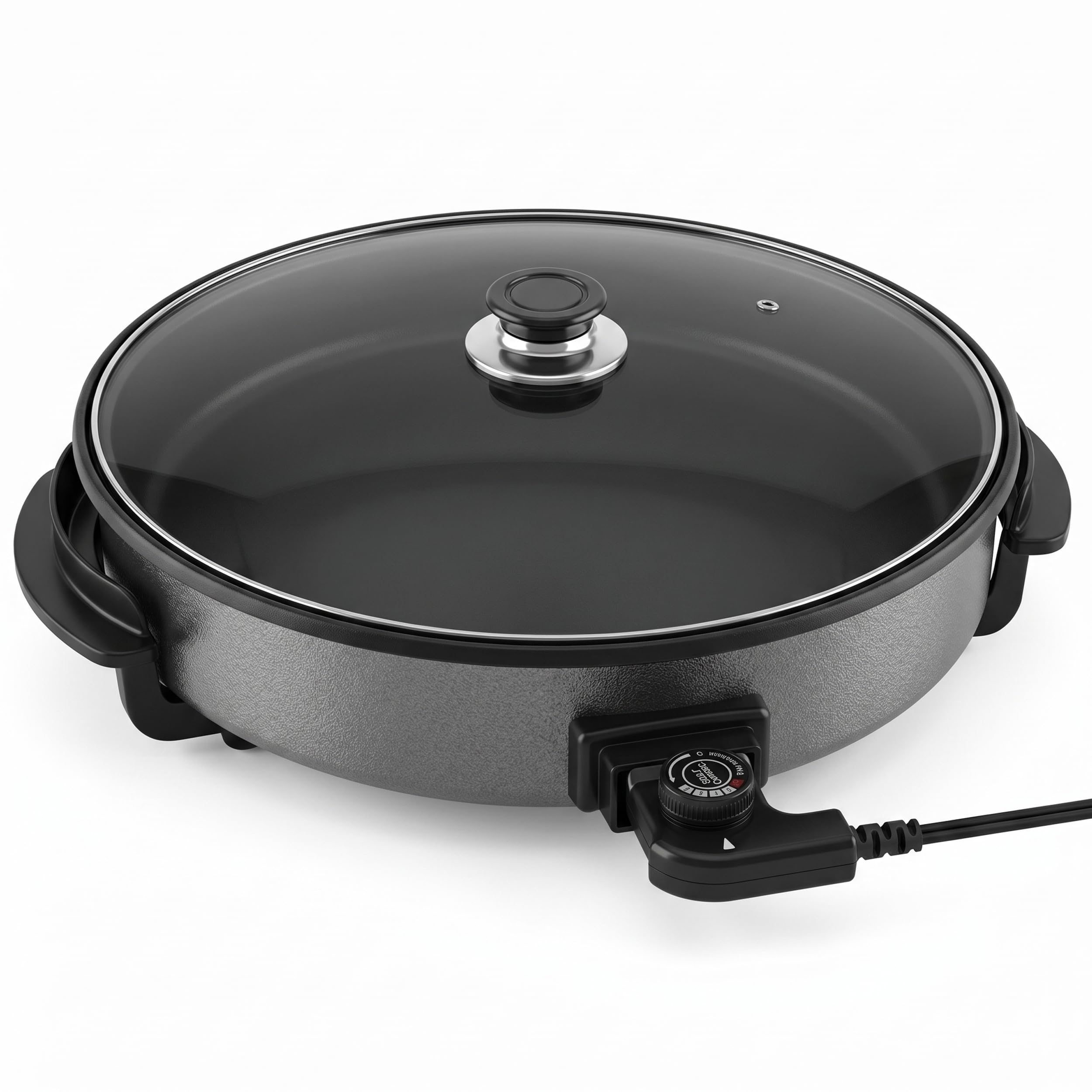 Shov Poêle à pizza électrique et cocotte multifonction, taille XL, 48 cm de diamètre, 7 cm de profondeur, avec revêtement antiadhésif et couvercle en verre, 1500 W, thermostat réglable pour pizza
