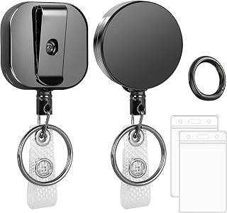 Classycoo Retractable Badge Holder Reel 2 Pack Heavy Duty Badge Reels Metal ID Badge Holders with [Belt Clip] [Key Ring] 26.8 inches Reinforced Wire Cord