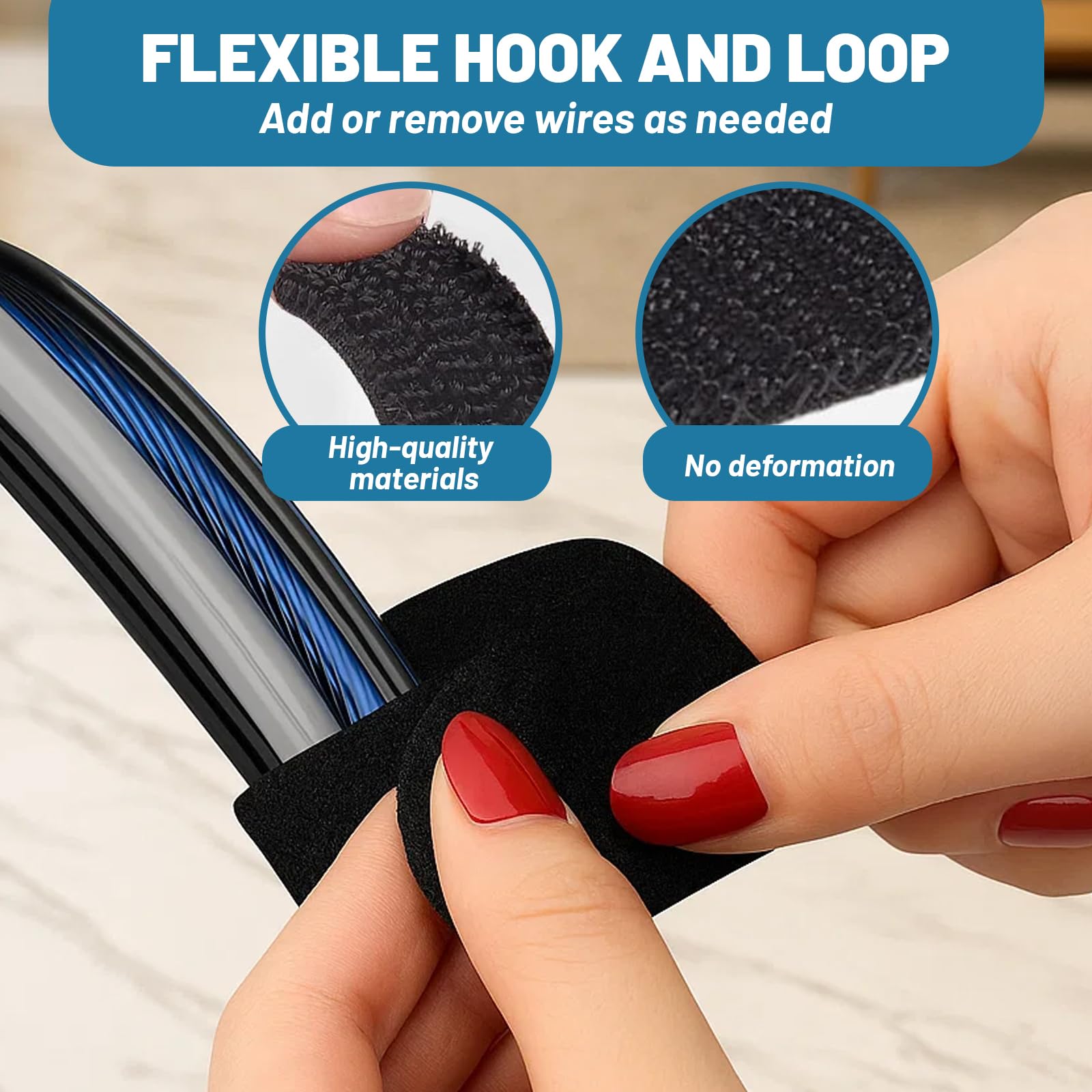 50PCS Under Desk Cable Management, Self Adhesive Cable Tidy Clips Straps, Hook and Loop Cable Ties for Wire Organiser, Cord Management, Under Desk Storage, Black - Image 4