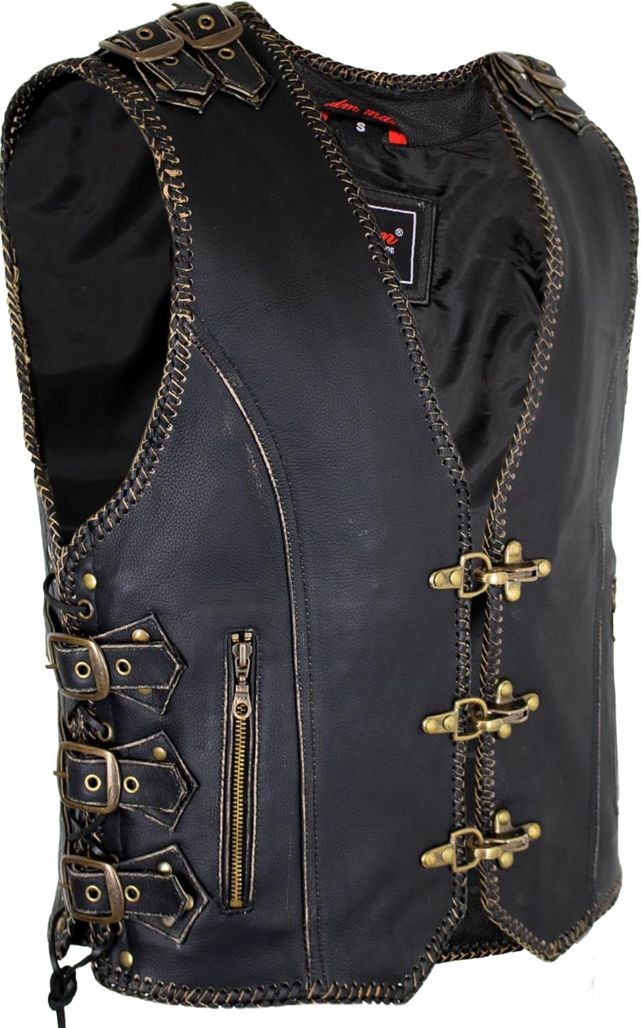 Men's motorcycle leather vest with buckles