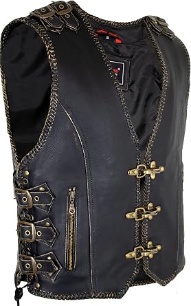 Mens motorcycle leather vest with buckles