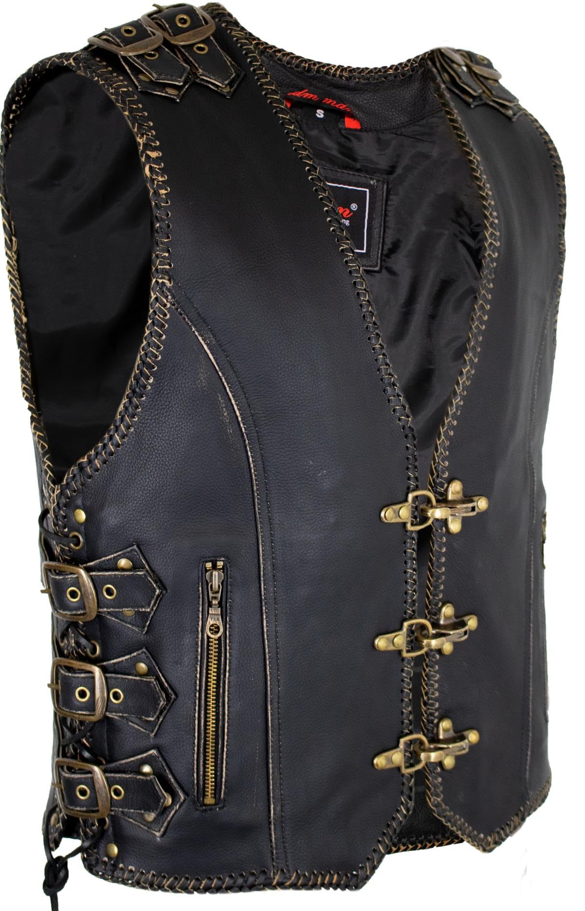 Herren Biker Lederweste mit Messing Schnallen und Karabinern