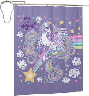 White Unicorns with a Long Mane Tail Jumping in a Night, Meteor Star Heart, You are Magical Lettering Shower Curtain for Bathroom Bath Bathtub Curtain with 12 Metal Hooks 60x72 in