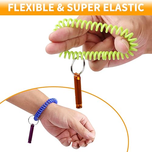 Miniatura 4 de Leery 12 silbatos deportivos de metal y 12 pulseras de llavero de muñeca de bobina elástica para entrenadores, árbitros, salvavidas, supervivencia,