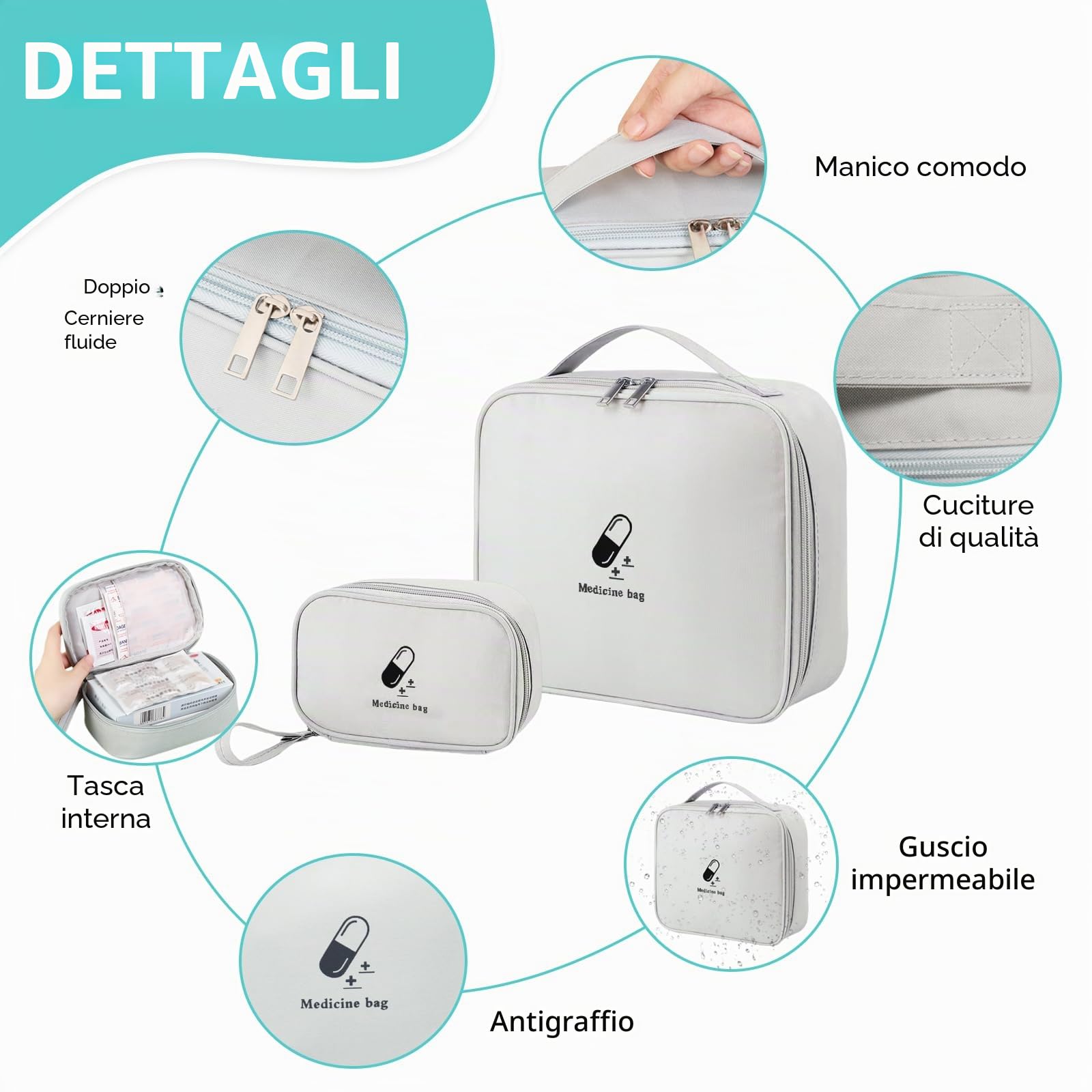2 Pezzi Kit Pronto Soccorso Da Viaggio, Kit Primo Soccorso Da Viaggio, Cassetta Pronto Soccorso, Porta Medicine, Scatola Medicinali, Scatola Medicine, Borsa Medico Pronto Soccorso, Grigio