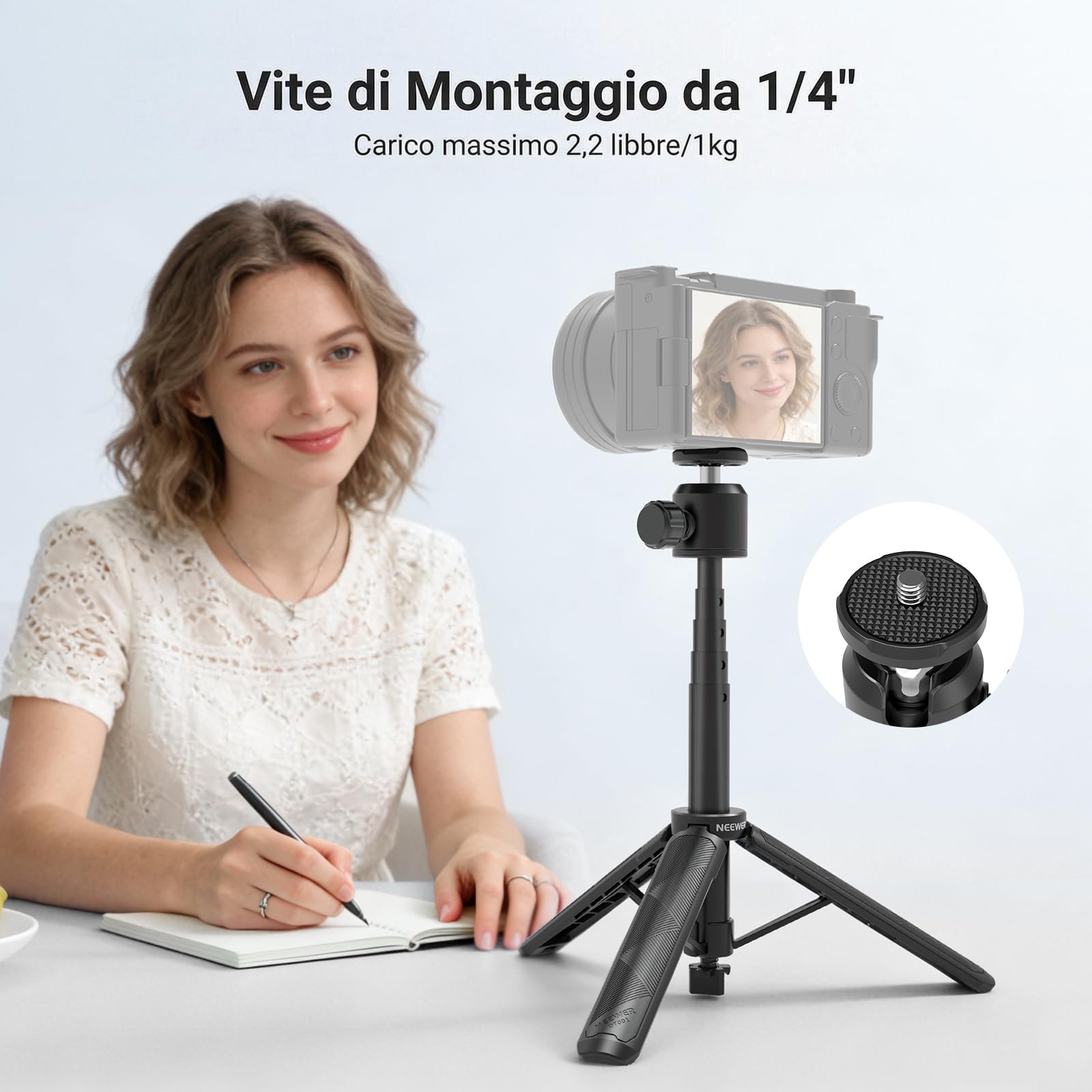 NEEWER BASICS Treppiede Selfie Stick Estensibile, Impugnatura Supporto Portatile in Metallo Compatibile con Canon G7X Mark III Sony ZV-1 RX100 VII A6400 A6600 Nikon Camera Webcam per Vlogging, DT001